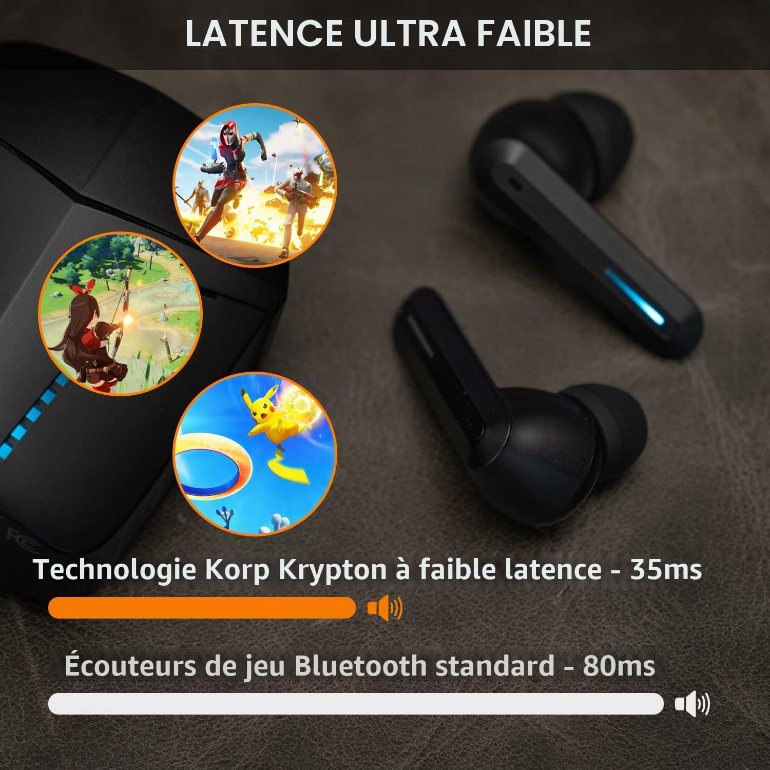 The G-Lab Korp Krypton Écouteurs Bluetooth 5.0 sans Fil Gaming, Latence Ultra-Faible, 2 Micros Intégrés, Étui de Charge Rapide, Autonomie 15H, Compatible iPhone/Android/iPad/PC/PS5 (Noir)