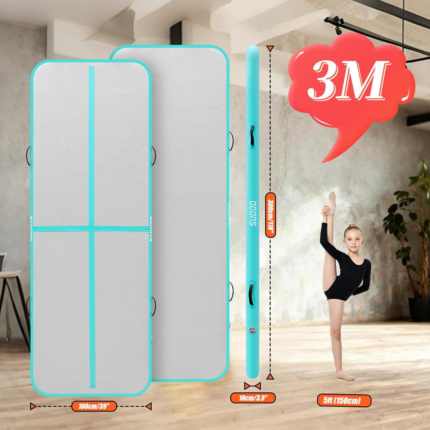 Gymnastics Air Mat 8.2ft/10ft/13ft/16ft Inflatable Air Tumble Track Mat 4" Thick Tumbling Mat With Pump/No Pump for Training Tumble Yoga Cheerleading Parkour Beach Water Activities Home Use