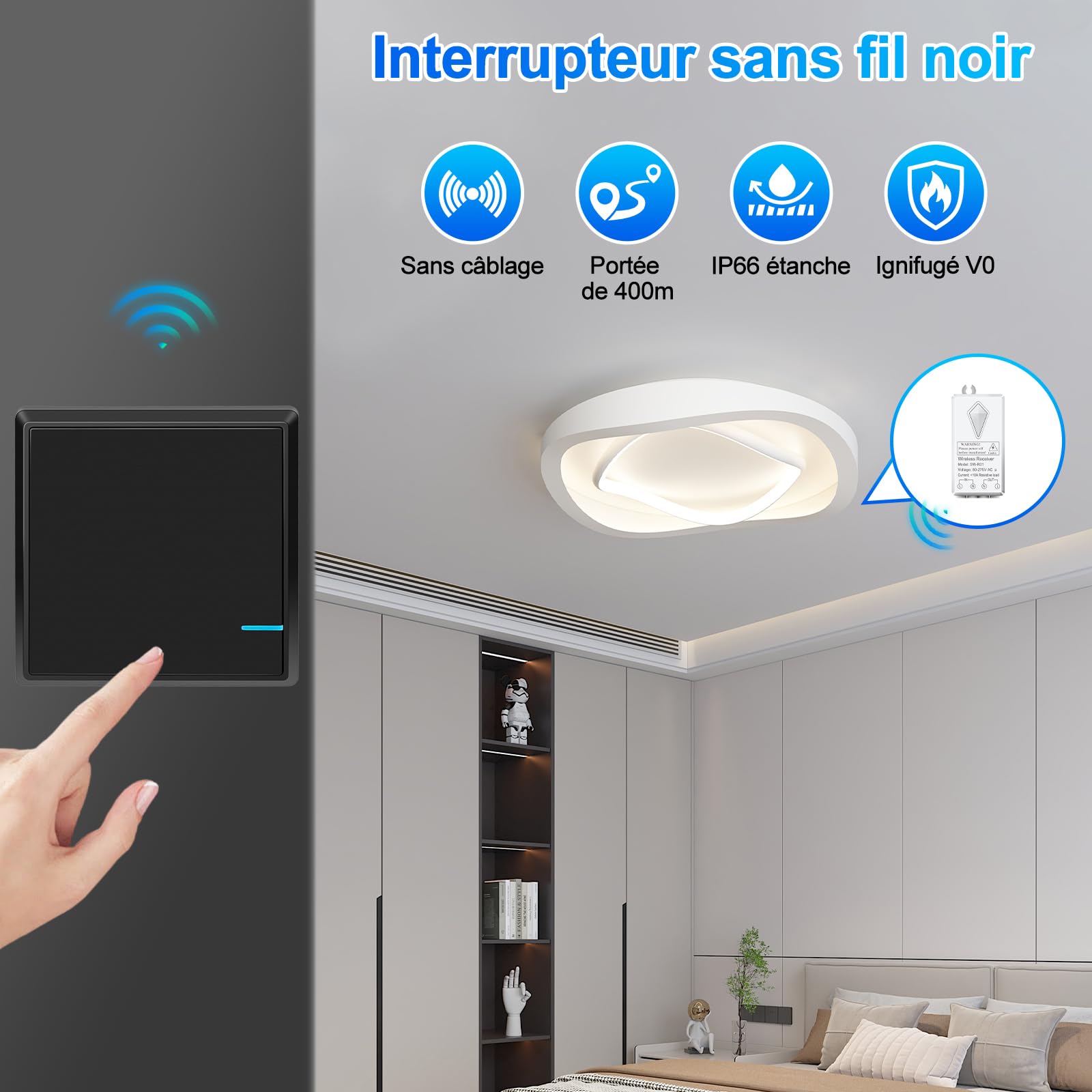 Interrupteur Sans Fil,NineLeaf Kit Interrupteur et Récepteur Sans Fil,Aucun Câblage Requis,étanche IP66,Portée de 400m pour l'éclairage pour les appareils électroménagers(noir),3PK