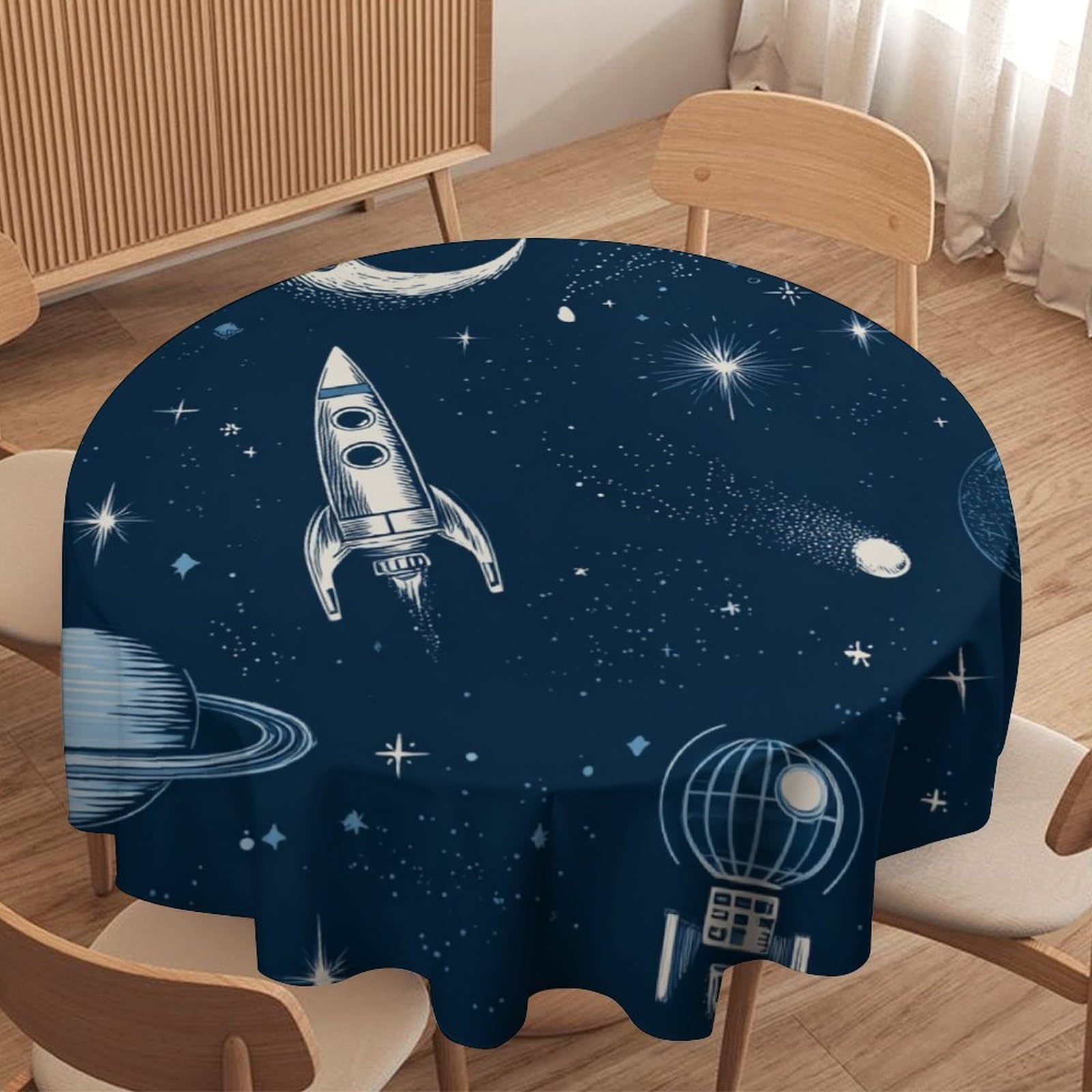 LUYYSKY Funny Cartoon Galaxy Rocket Waterproof Round Tablecloth Classic Outer Space Starry Sky Moon Planet Constellation Print Washable Table Cover for Kitchen-177.8" Wx177.8 L cm
