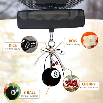 SuperKaKa Lucky 8 Ball Rearview Mirror Hanging Ornament, Car Accessories for Women, Cute Car Interior Decor Charm with Pearl Bow and Cherry Pendant, Rear View Mirror Decorations, Auto Accessories