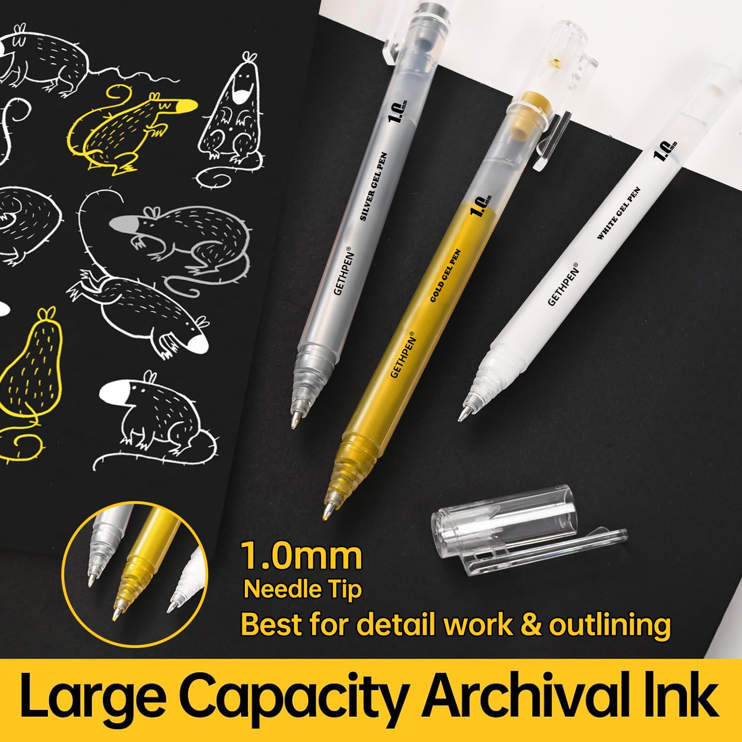 3 Colors Gel Pen Set White Gold Silver 1 0mm Fine Point Gel Ink Pens for Artists Black — view 3