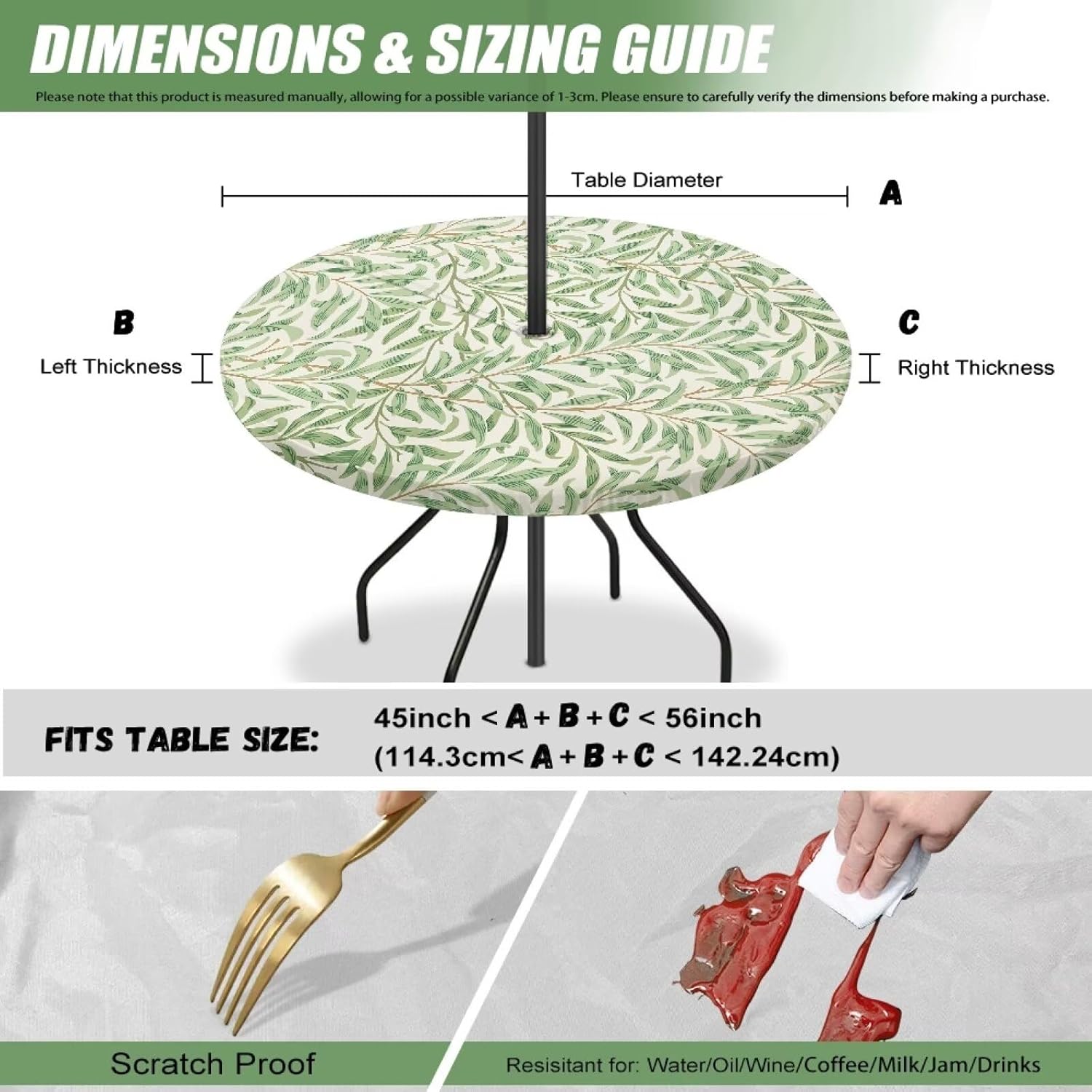William Morris Outdoor Tablecloth with Umbrella Hole, Mantel Redonda,Vintage Flower Fitted Tablecloth with Elastic Polyester Wipeable Table Cloth Cover for Picnic, Patio,Bar Decoration