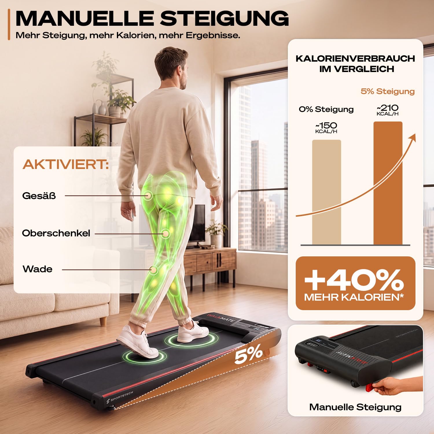 Sportstech Walking Pad - Laufband Für Zuhause mit Steigung bis 5% | 1-6km/h, inklusive App Mitgliedschaft | Home Office, Schrittzähler, leicht & kompakt, Transportrollen | WalkMate bis 120kg