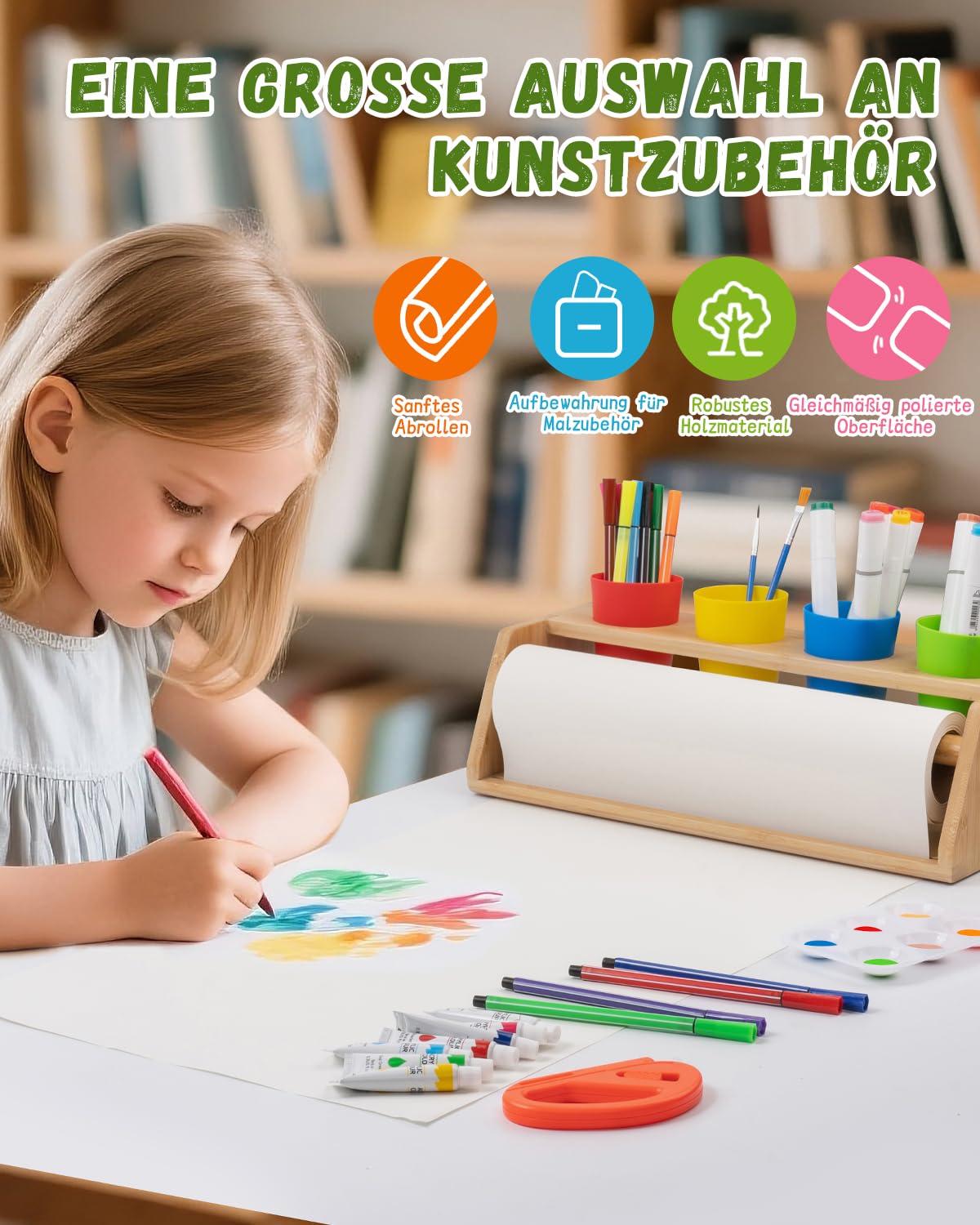 Holz Papierrollenhalter – 35-teiliges Malset mit Malrolle für Kinder, Papierrolle malen Kinder, Farben & Pinseln – Fördert die Selbstständigkeit des Kindes in der Schule und zu Hause