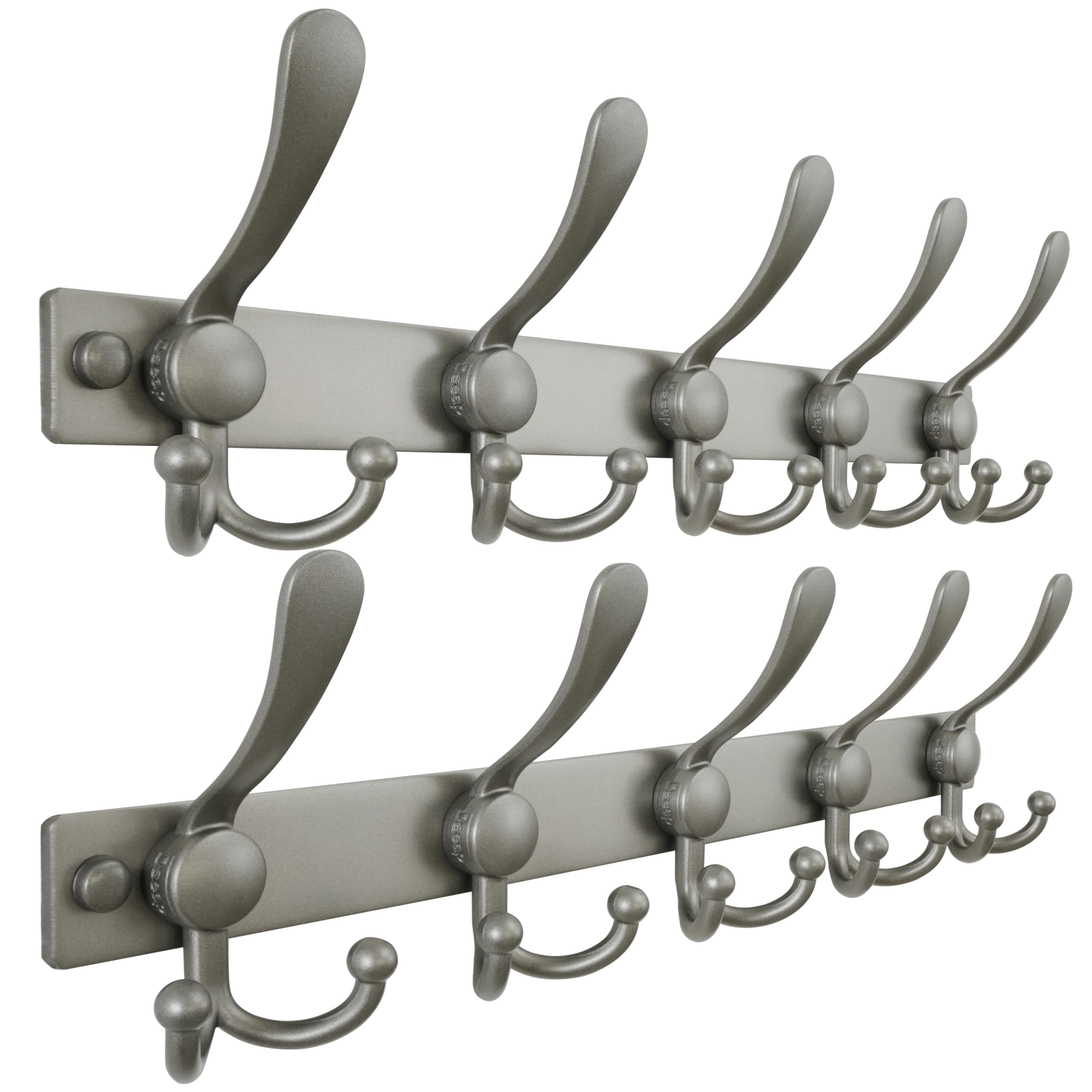 Dseap Coat Rack Wall Mount, Heavy Duty 2.5mm Base vs Flimsy 1mm, Double-Thick Solid Anti-Snap Hooks, Stainless Steel Hanger Organizer for Clothes Hat Entryway Closet, Grey, Pack of 2
