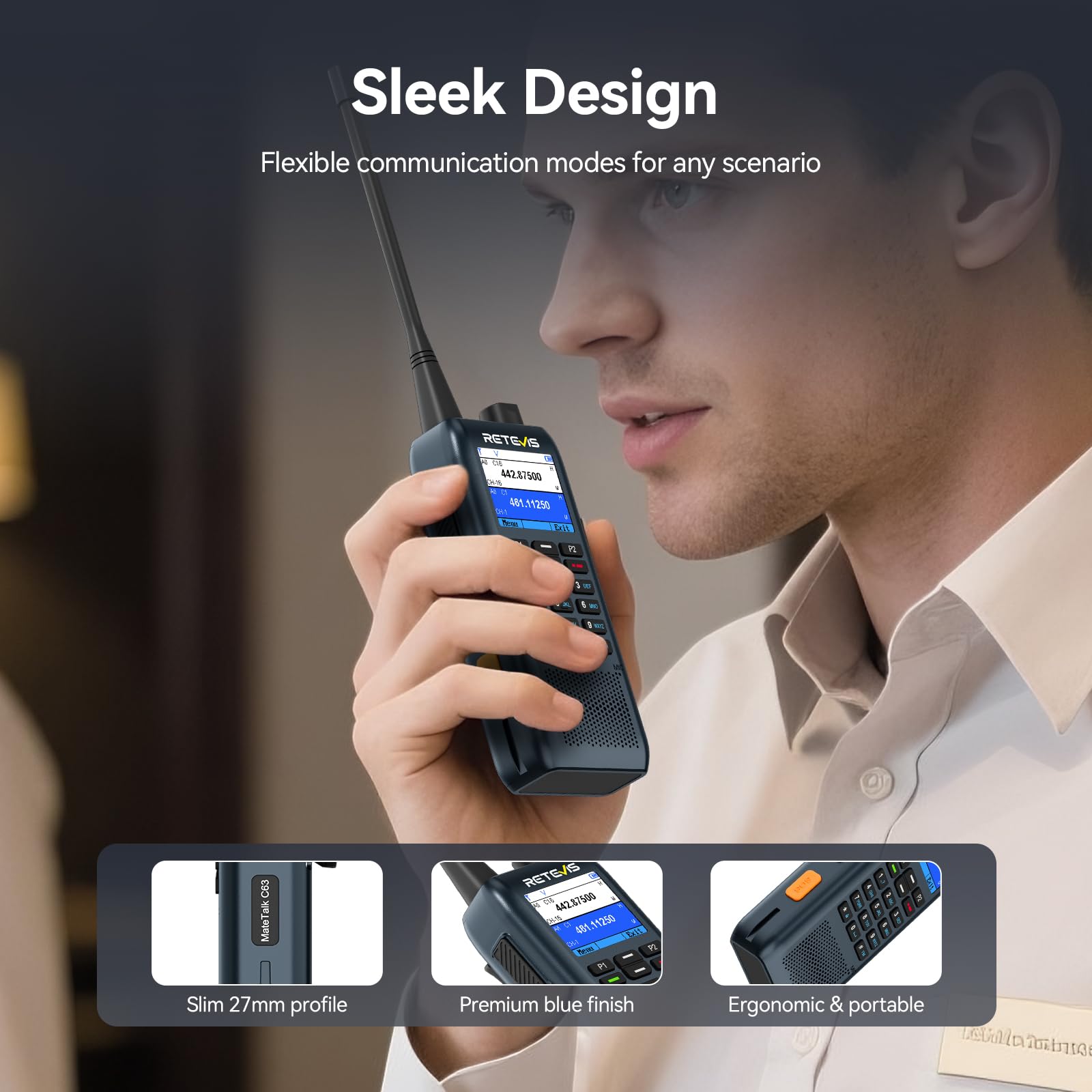 Retevis MateTalk C63 Krótkofalówki dla Dorosłych, System Dyspozytorski z Alarmem Wibracyjnym/Funkcją SMS, Wyświetlacz LCD, 3 Tryby Połączeń, Smukłe Krótkofalówki do Wież Biurowych (2 Opakowanie)