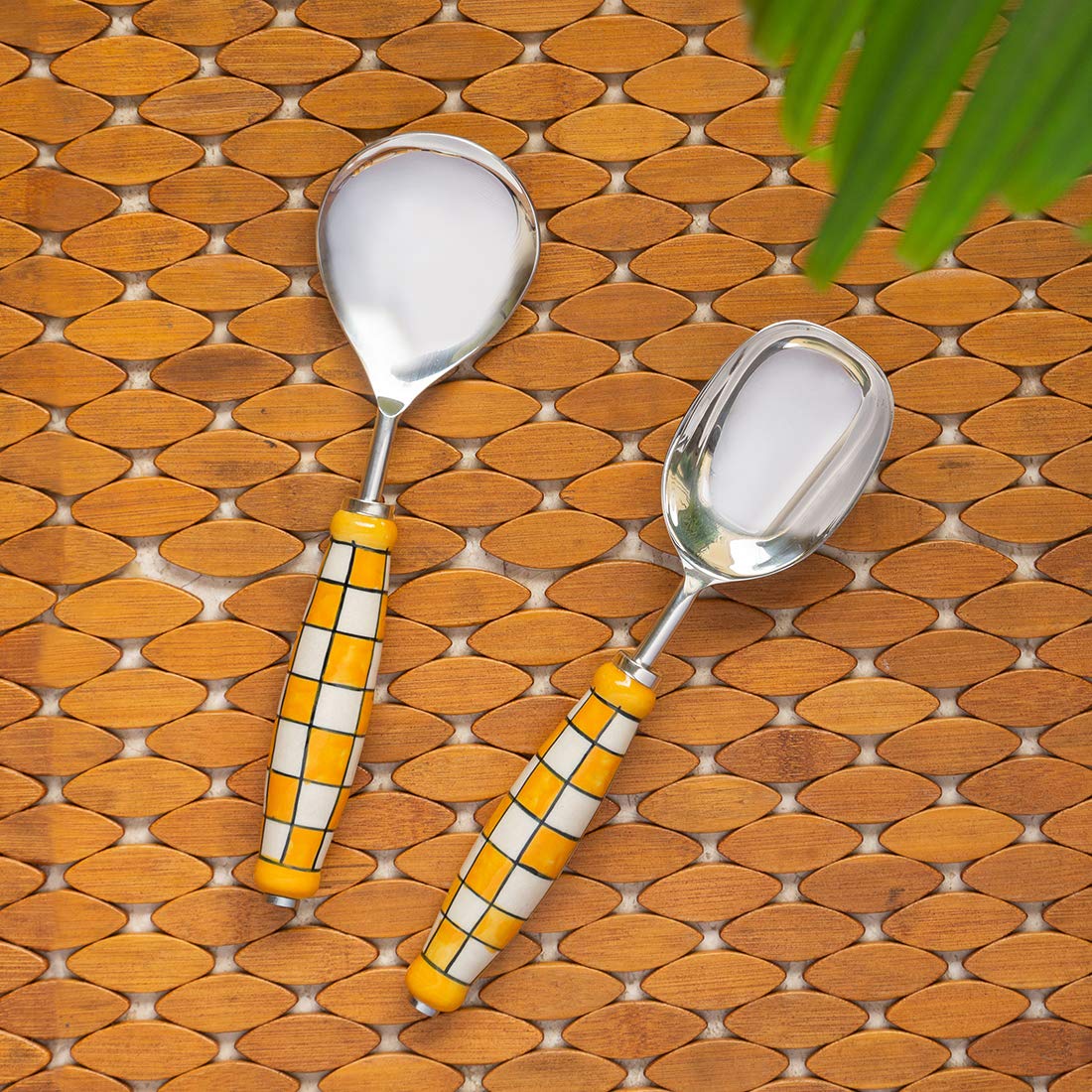 ExclusiveLane 'Shatranj Check' Handpainted Serving Spoon Set in Stainless Steel & Ceramic (Set of 2) - Rice Serving Spoons for Dinner Salad Spoons Serving Set for Kitchen Tools Cutlery Set Serveware