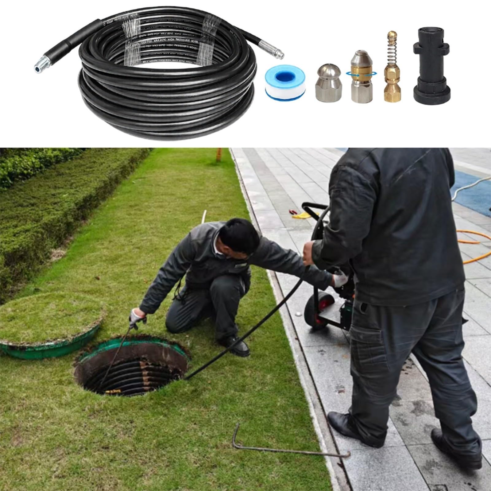 Kit de limpieza de manguera de drenaje de alta presión para Karcher K1-K5 con 3 boquillas y conector para desatascar tubos de drenaje al aire libre (15 m)