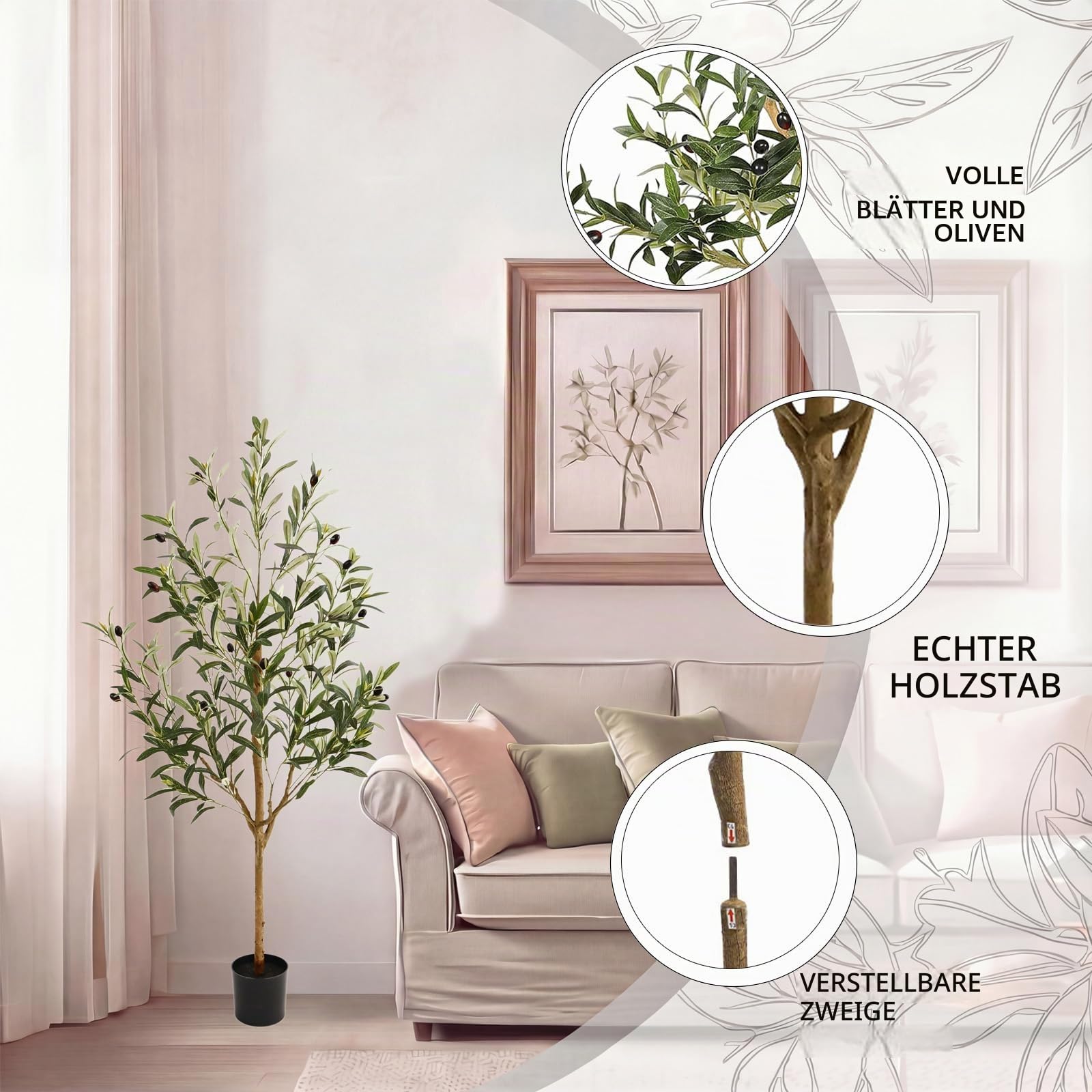 Künstlicher Olivenbaum, künstlicher Olivenbaum mit Topf, mit mehreren Echtholzstämmen und lebensechten Früchten, für Zuhause, Büro, Haus, Wohnzimmer, Dekoration, 1,2 m