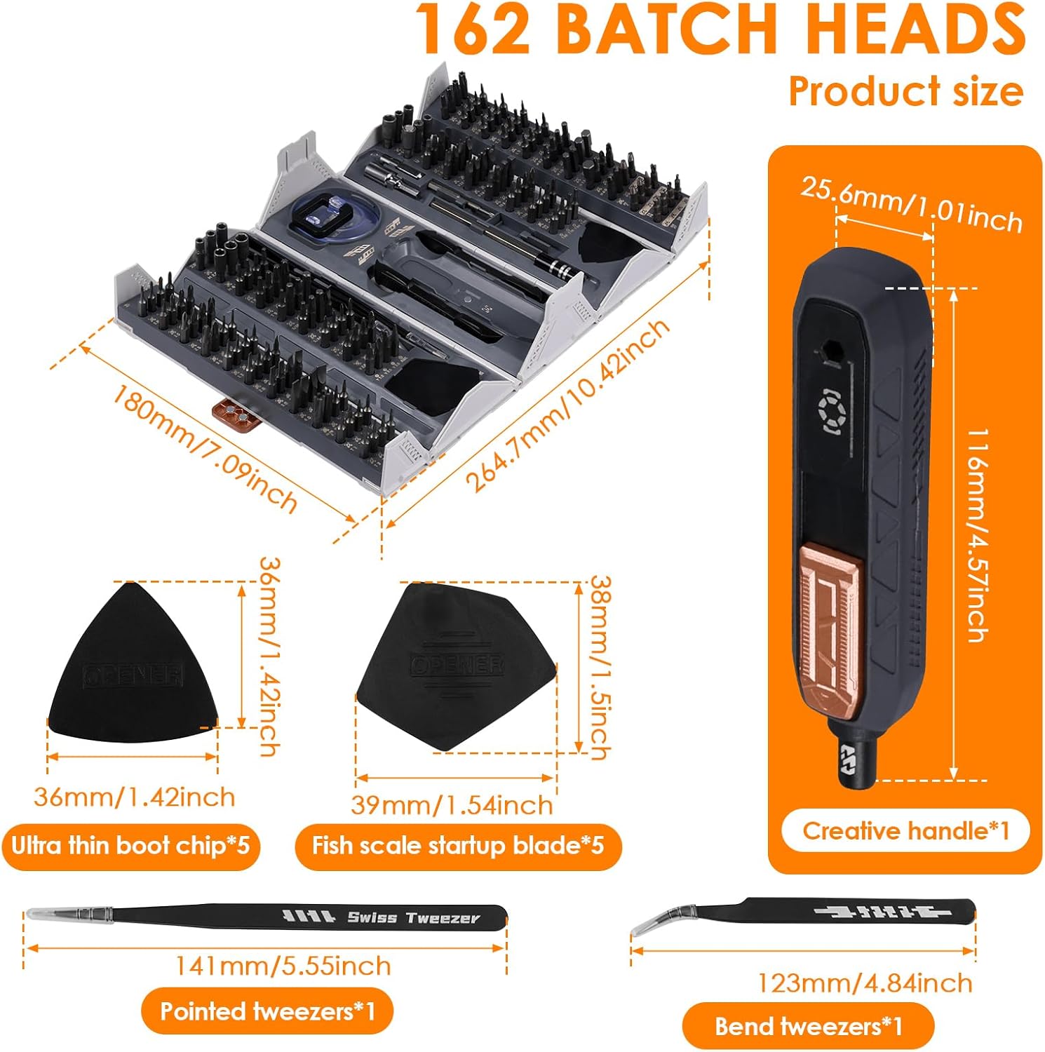 Detailed view of the creative handle, ultra-thin opening picks, fish scale opening picks, and tweezers with their dimensions.