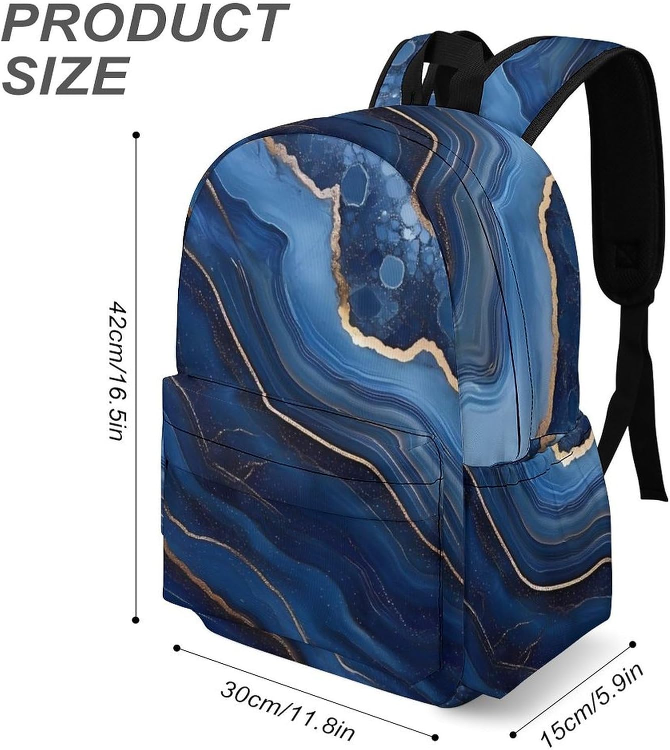 Gold Dark Blue Agate Print Travel Backpack Casual Daypack Lightweight Shoulder Bag with Front Pocket