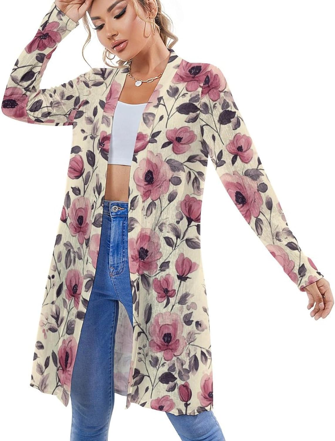 Womens Boho Floral Print Long Cardigans Spring 2026 Fashion Lightweight Casual Long Sleeve Open Front Cardigan Coverups