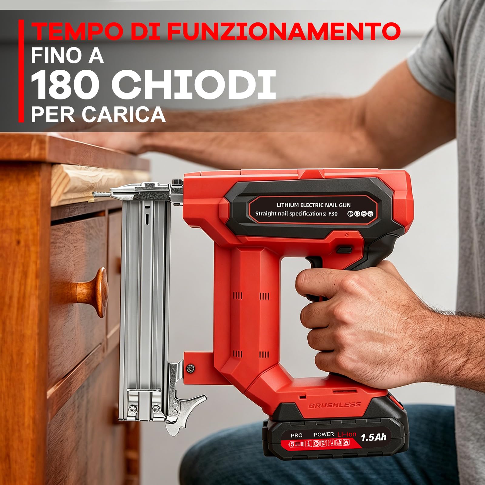 Chiodatrice Elettrica, 2 in 1 Chiodatrice e Graffettatrice con 500 Chiodi F30 e 500 Graffette Tipo 422, Chiodatrice a Batteria Senza Fili, per Vari Tipi di Legno, 1500mAh Batteries *2