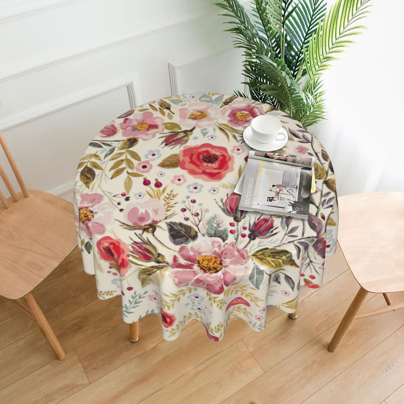 SDEGTHO Rustic Rose Flower Print Modern Retro Round Tablecloth 60in Polyester Fabric Cover for Party Dining Table Washable