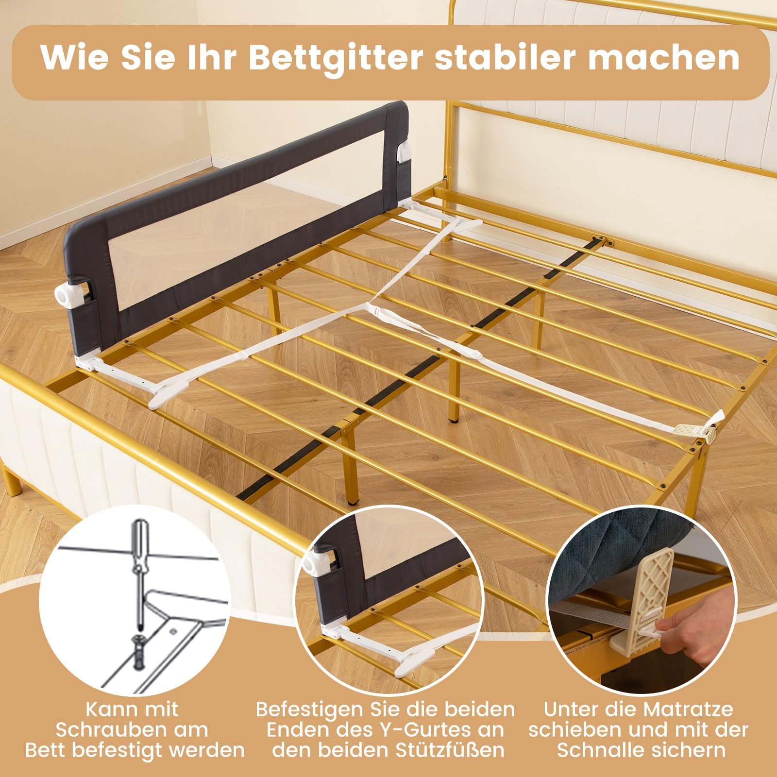 FANTASK Bettschutzgitter klappbar mit Verstellbarer Gurte, EIN-klick-Faltung, Bettgitter Rausfallschutz Bett 180° faltbar für Kinderbett, Boxspringbett & Elternbett, 150 x 42cm (Grau)