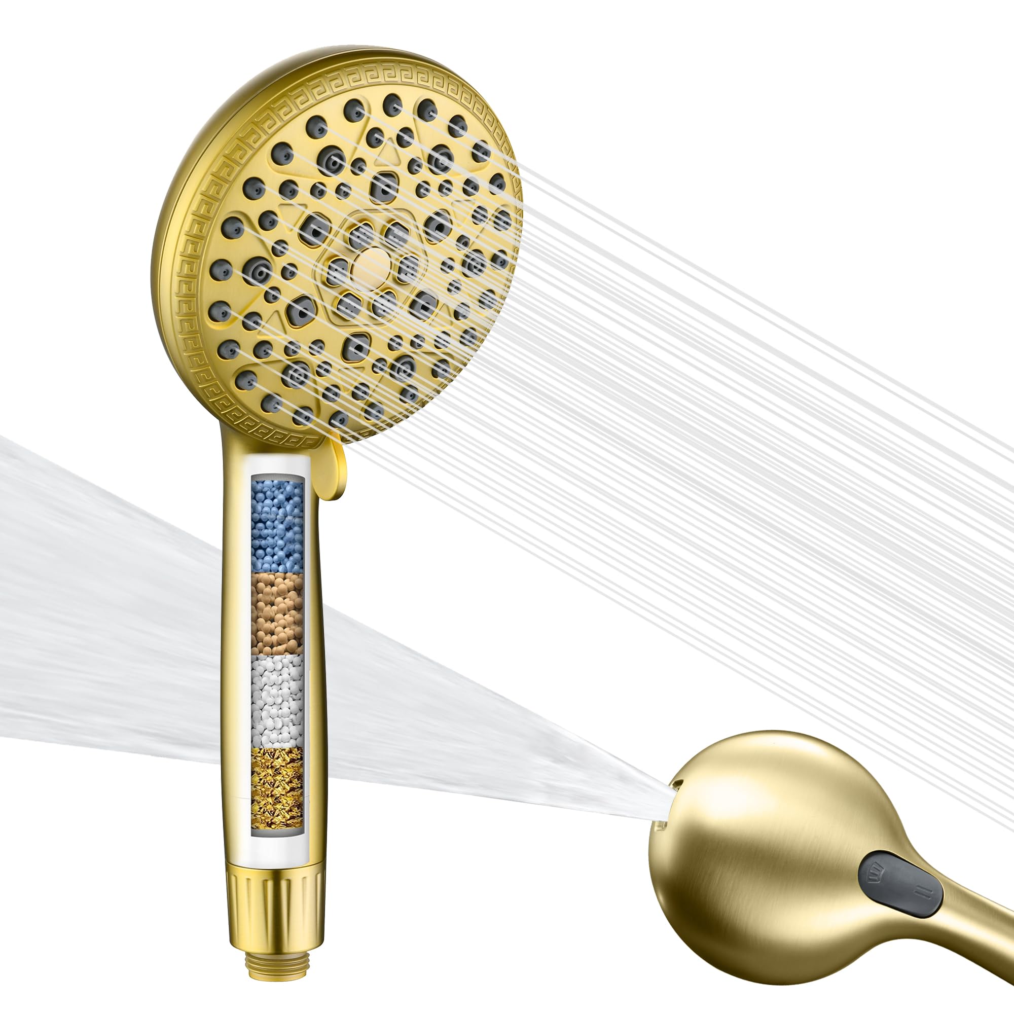 SUMERAIN Gefilterter Handbrause für hartes Wasser, gebürstetes Gold | Wassersparend, 9 Sprühnebel FOF ScaleBlock & Vitamin C Hautpflege, 3-Monatskartusche, für Kalifornien/Texas/Illinois