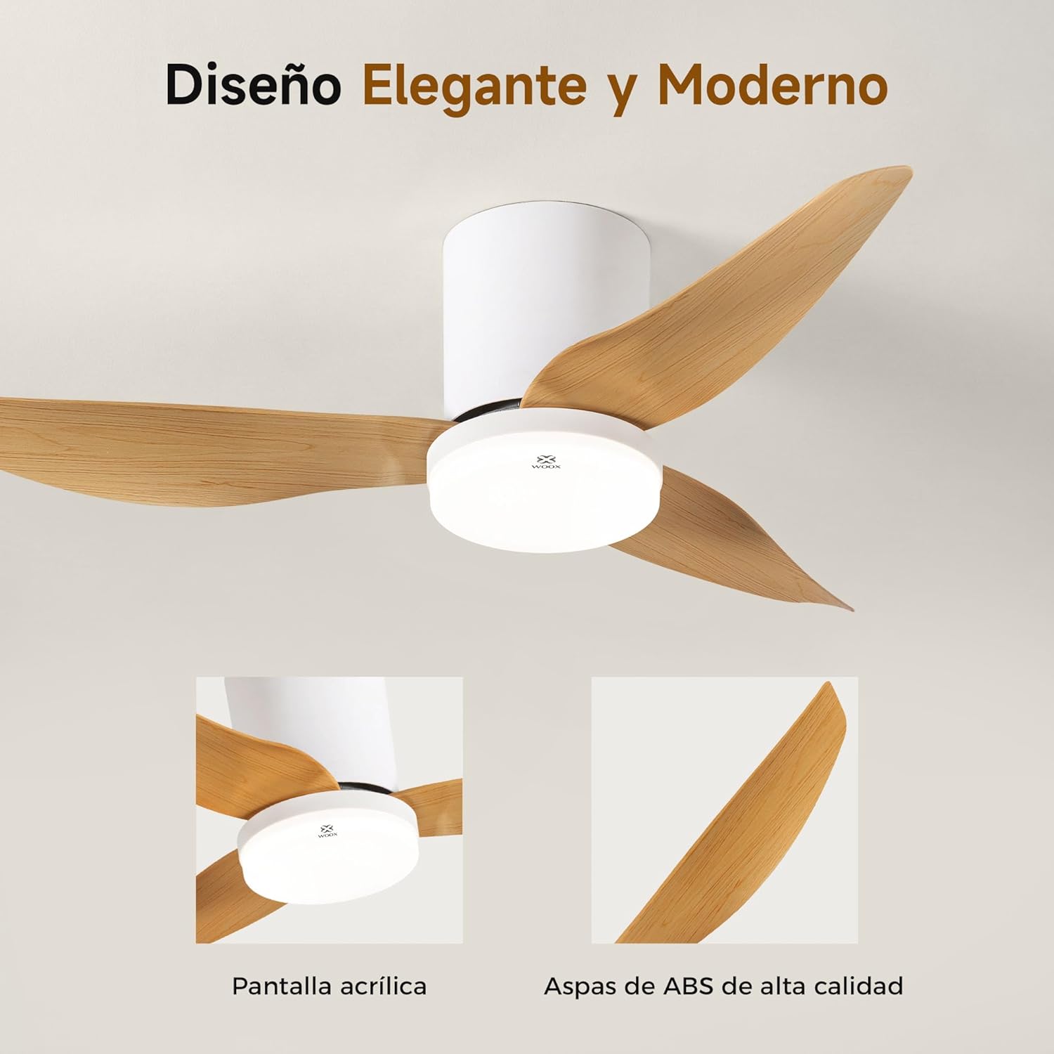 Close-up of WOOX MX0294 ceiling fan showing acrylic screen and high-quality ABS blades