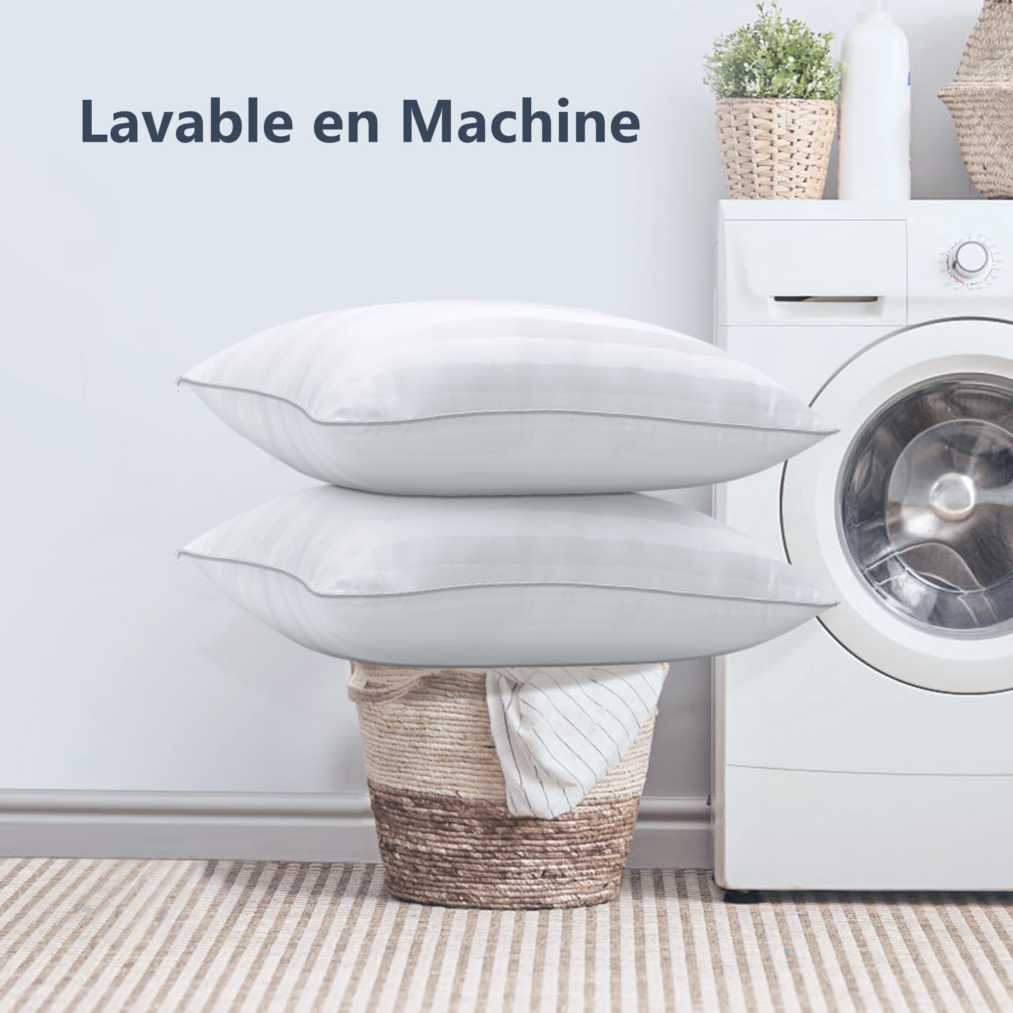 TESQ Oreiller 65x65 cm Lot de 2 Oreillers Confort Moelleux, Qualité Hôtelière de Luxe, Respirant et Hypoallergénique, Idéal pour Dormeurs sur Le Côté, Le Dos et Le Ventre, Lavable