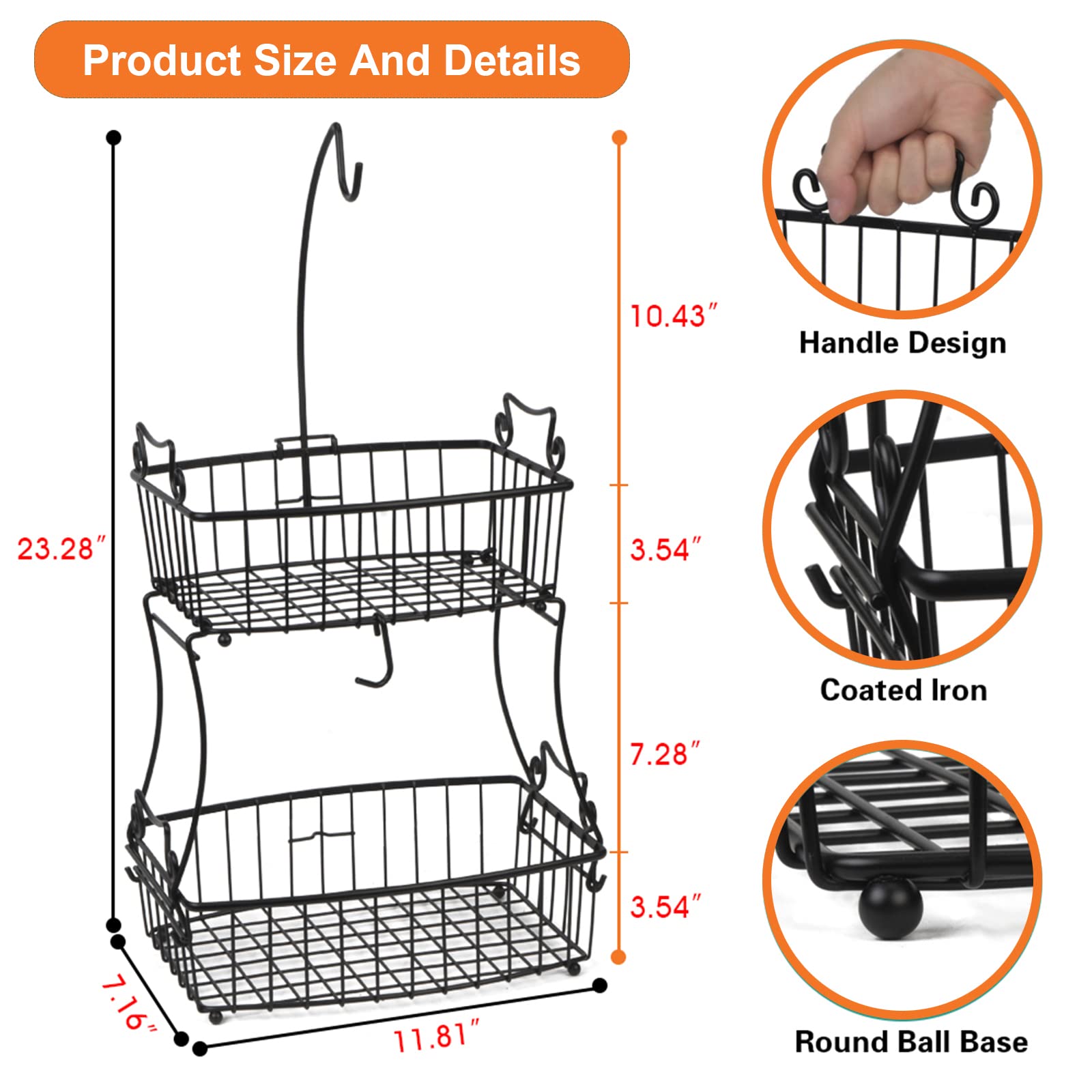 2-stöckiger Obstkorb Mit Bananenhalter Metall | Mehrstöckige Obstschale Für Küche In Schwarz