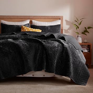 LEAONME Velvet Quilt Set Full/Queen Size 90x98, Lightweight Black Velvet Comforter Set with 2 Matching Shams, Soft Cross Stitch Bedspread Coverlet Bedding Set for All Season