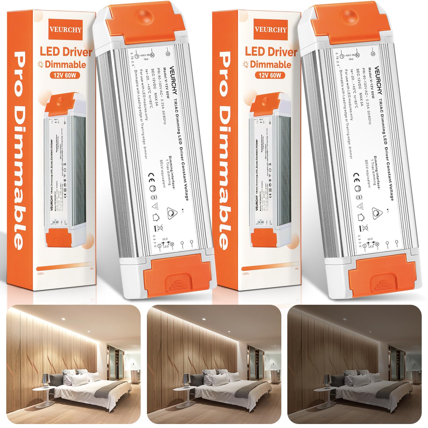 60W Dimmable LED Driver 12V DC Triac Constant Transformer, 120V AC to 12 Volt DC Lighting Low Voltage Power Supply, LED Light Transformer for Kitchens, Cabinets, Bedrooms 2 Pack