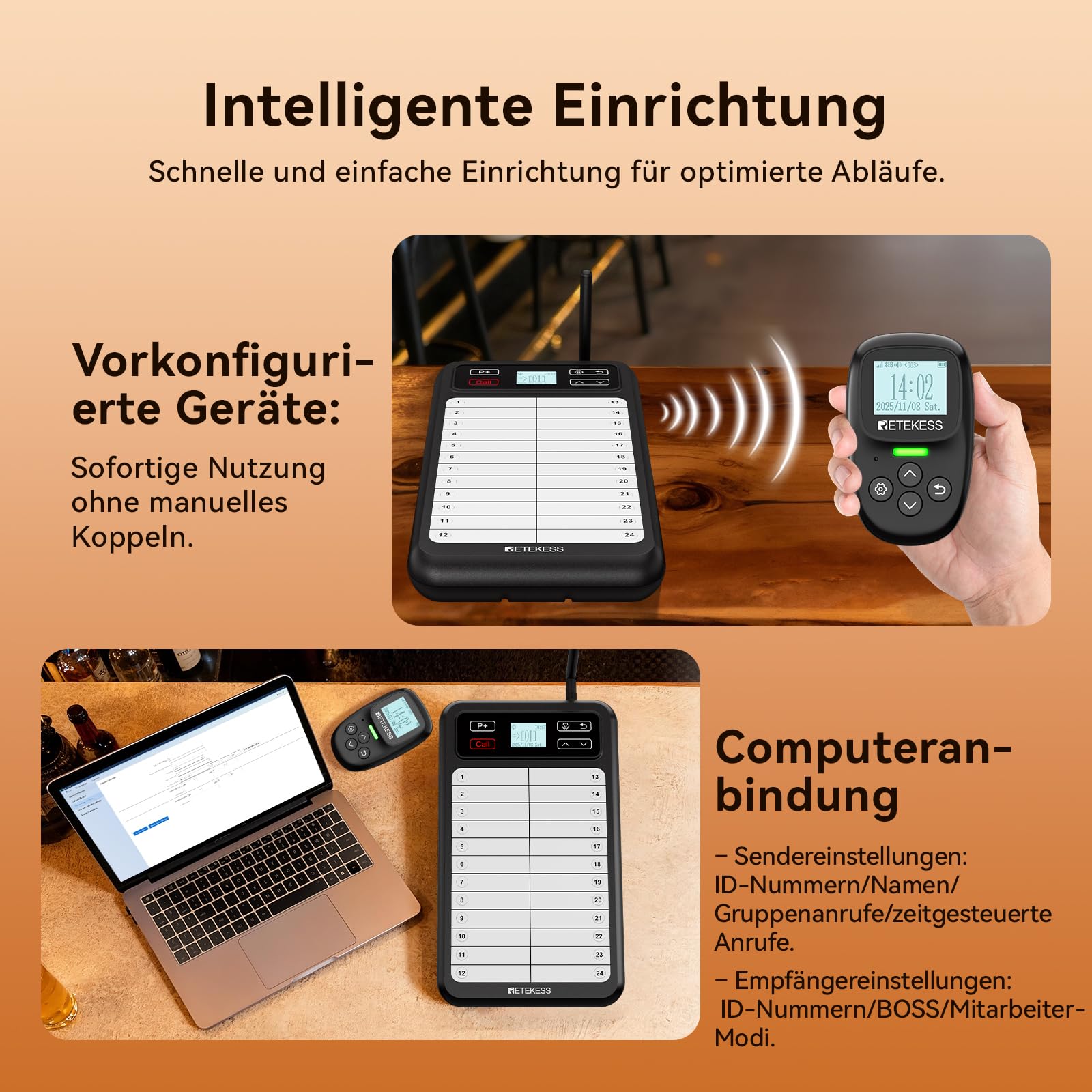 Retekess TD037 Restaurant Pager System, Pager Rufsystem mit 24 Tasten Schreibtafel, Einfache Bedienung, Blinklicht und Summer, 6 Pager und Piepser für Restaurants, Cafés, Bars und Hotels