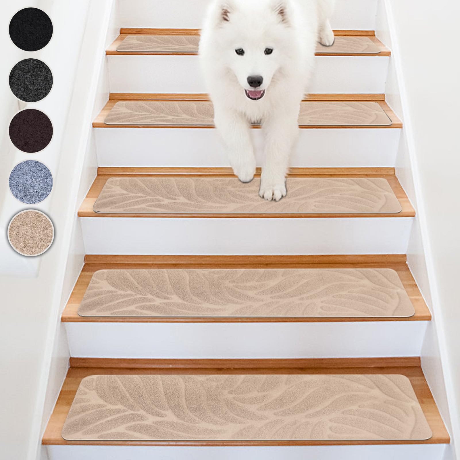 Tappetini per Scale Antiscivolo, 15 Tappetini Autoadesivi per Gradini Interni, Ritagliabile e Riutilizzabile - Protezione per Animali Domestici, Anziani e Bambini (Beige, 65x20 cm)