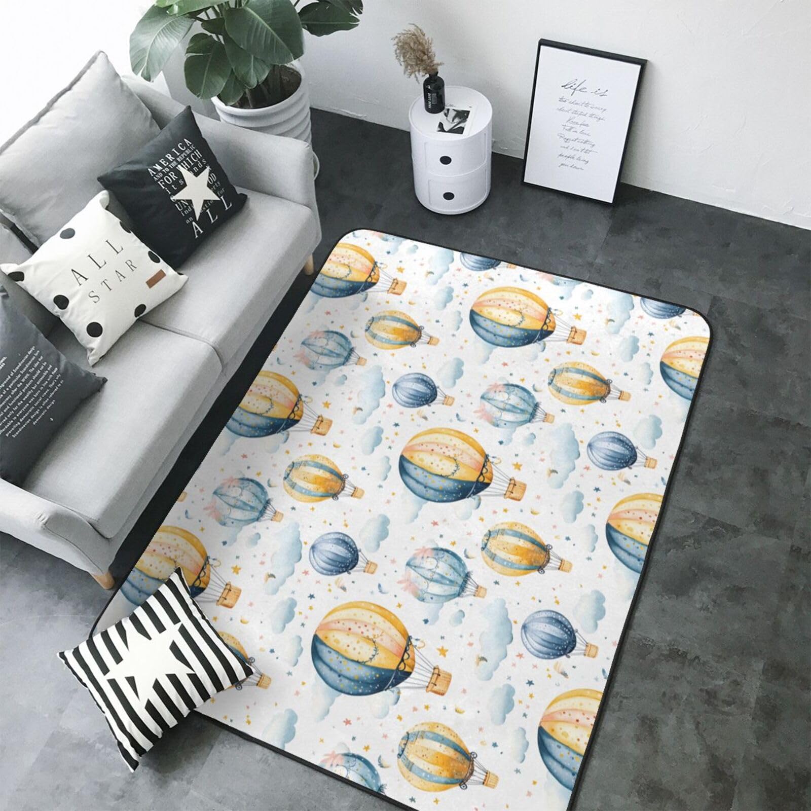 Tapis doux lavable pour chambre à coucher et salon à motif montgolfière