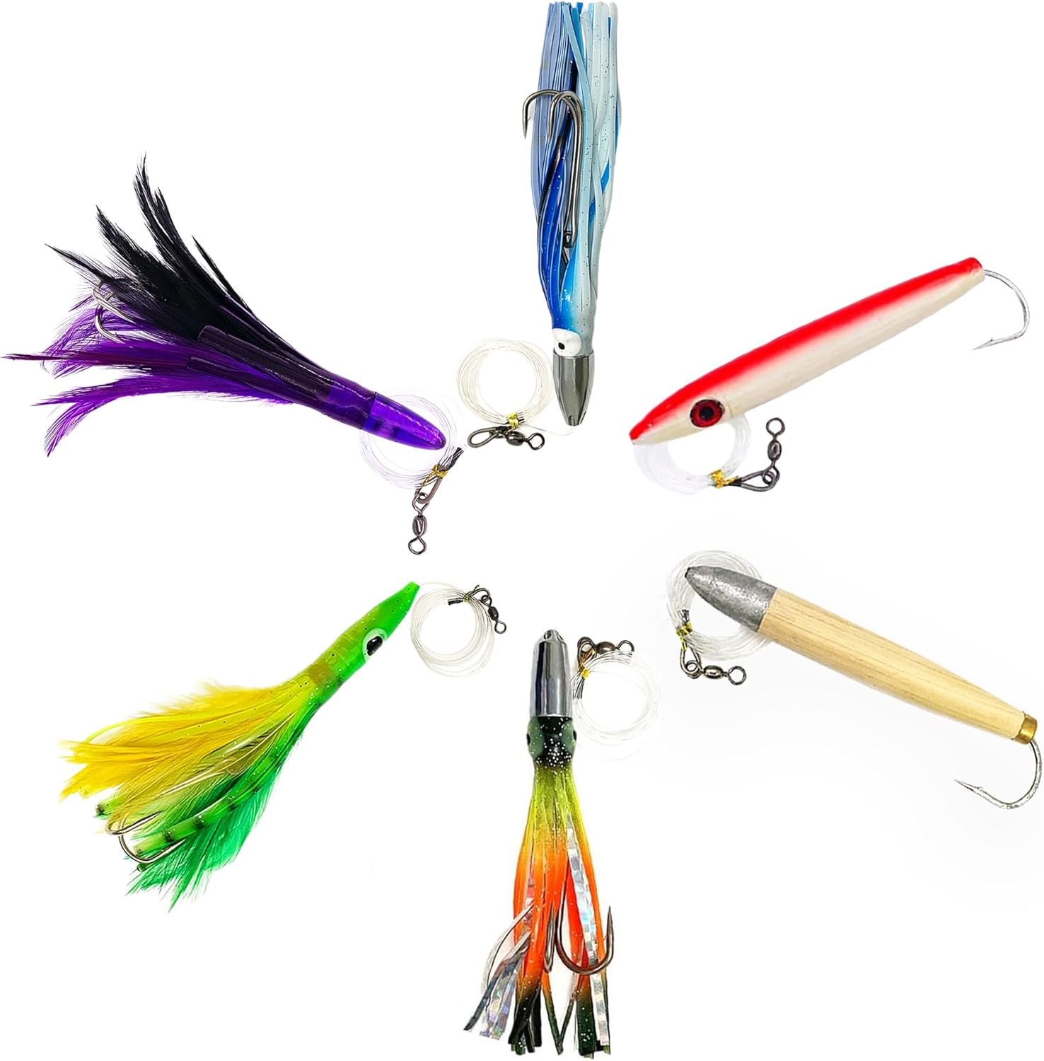 5" Mylar Jet, 4" Cedar Plug, 4.5" Tuna Clone, Tuna Trolling Lure Kit, 6 Pcs Mixed Sizes with Lure Bag, for Offshore Trolling, Ideal for Targeting, Mahi, and Other Pelagic Species