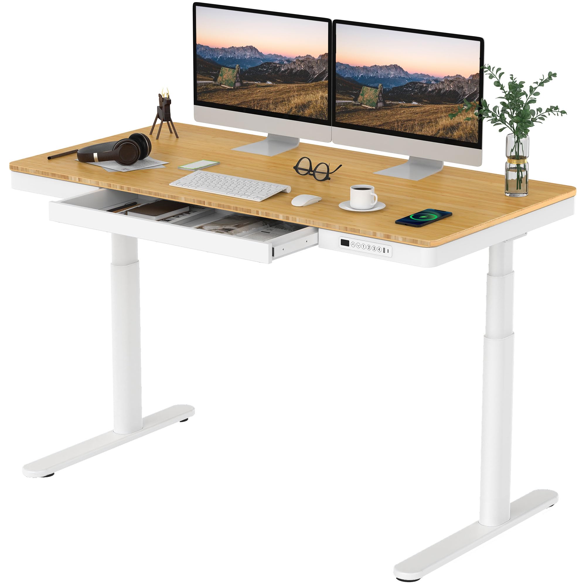 SANODESK Standing Desk with Drawer,Dual Motor 3 Stage Electric Height Adjustable Home Office Desk with Storage & Wireless Charging, 55 inch Bamboo