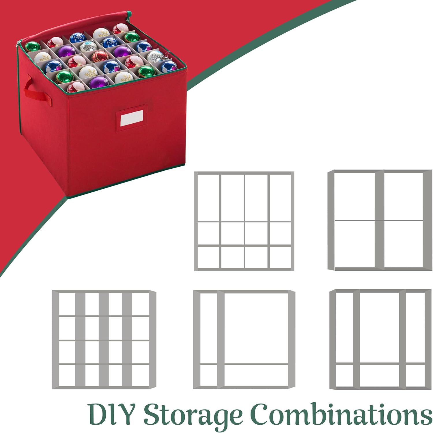 Tiny Tim Totes Christmas Storage Box with Zip Top, Large Ornaments storage box, holds up to 75 ornaments, Red