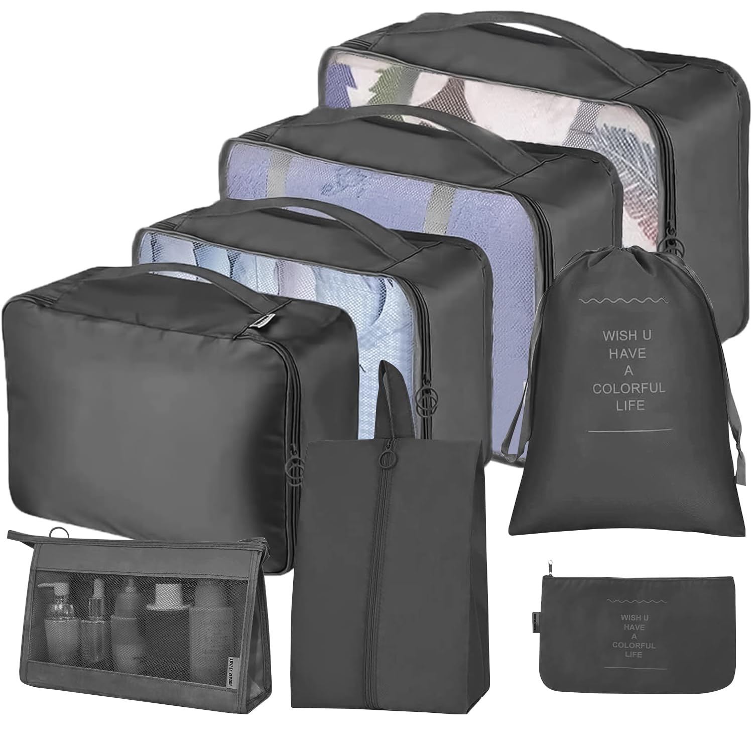 Necomi 8 Set Packing Cubes for Suitcases, Travel Luggage Organizer, Travel Packing Kit with Clothes Storage Bag & Shoes Bag & Toiletry Bag & Underwear Bag-Black