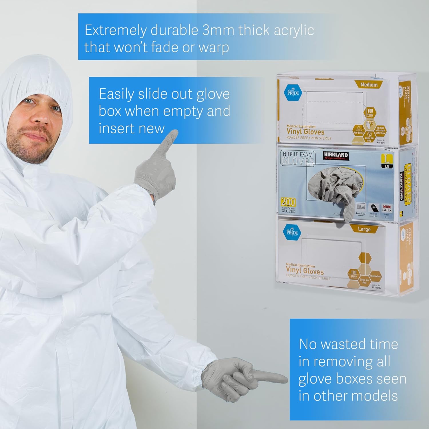 Inevibe Glove Box Holder Dispenser - Side Loaded Clear Acrylic Organizer for Medical, Latex, Rubber, Exam, Disposable Glove Boxes, Wall Mount or Countertop (Triple)