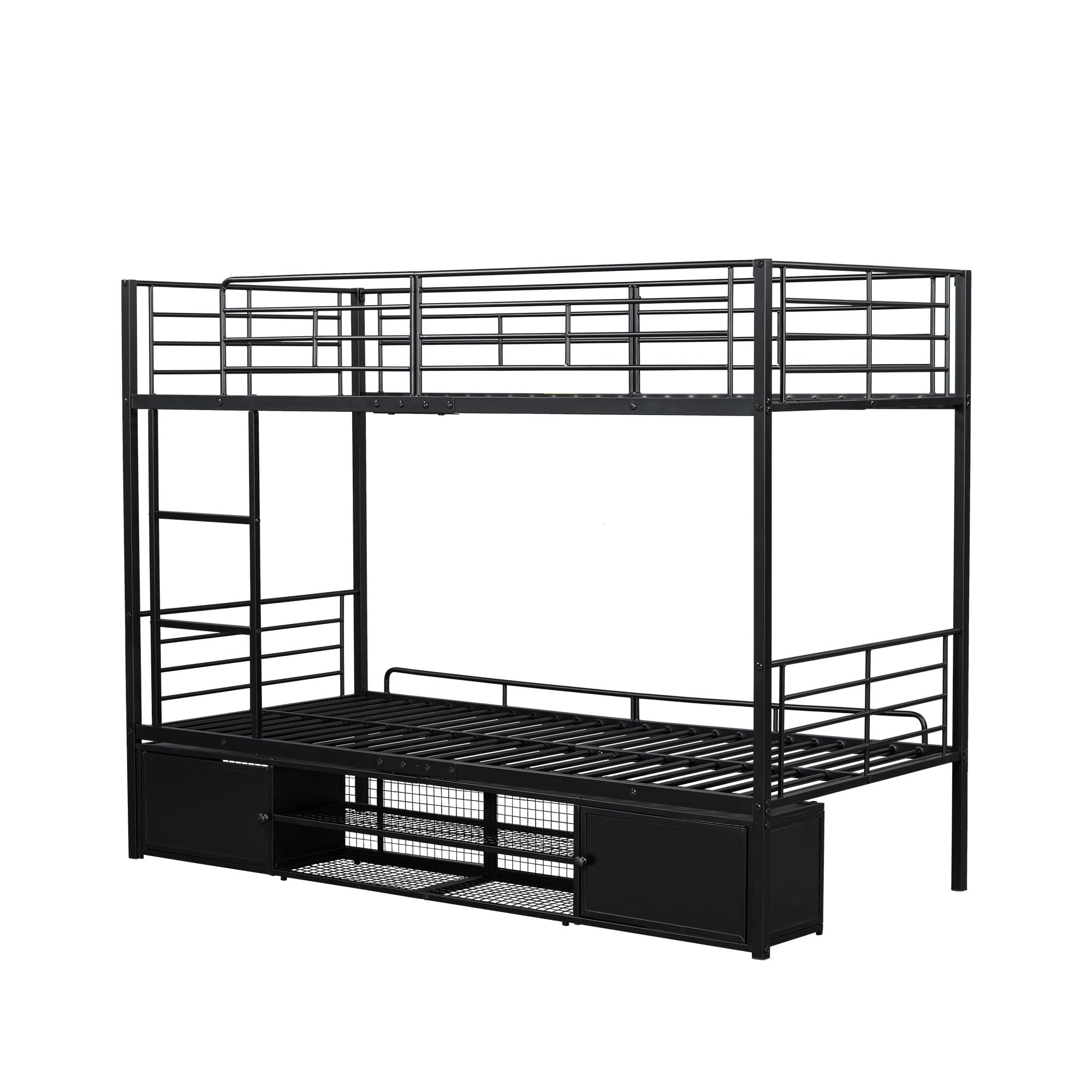 Cama con marco de hierro, 90 x 200 cm, litera, zapatero abierto, armario de almacenamiento pequeño de doble puerta, adecuado para niños y adolescentes, con escalera lateral, con rejilla anticaídas,