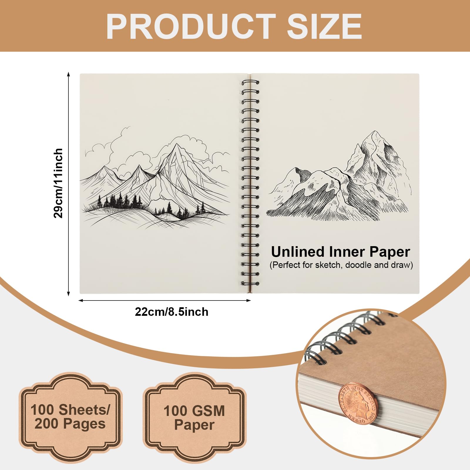 PerKoop 6 Pcs 8.5"x11" Hardbound Sketch Book Large Spiral Sketchbook Kraft Cover Blank Notebook Left Spiral Sketch Pad with Hardcover 100 GSM 200 Pages Drawing Paper for Kids Adults Artist