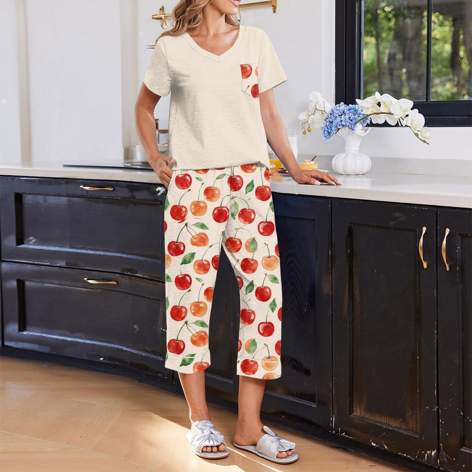 Generisch Schlafanzug Damen 3/4 Hose Set mit Taschen Sommer Baumwolle Klassisch Modischer Blumendruck Nachtwäsche Zweiteiliger Hausanzug Leicht Schlafhemd Freizeitanzug