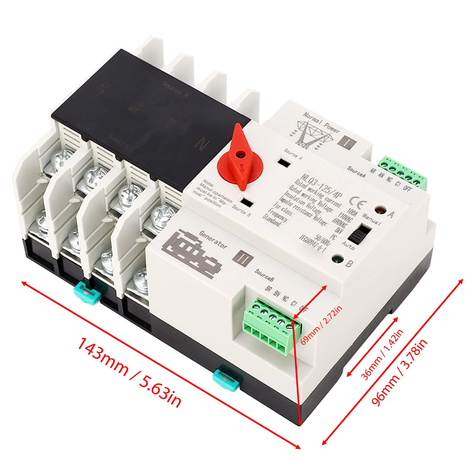 125 Amp wisselschakelaar met busbar, generator/netoverdracht, eenfasig, DIN-railmontage