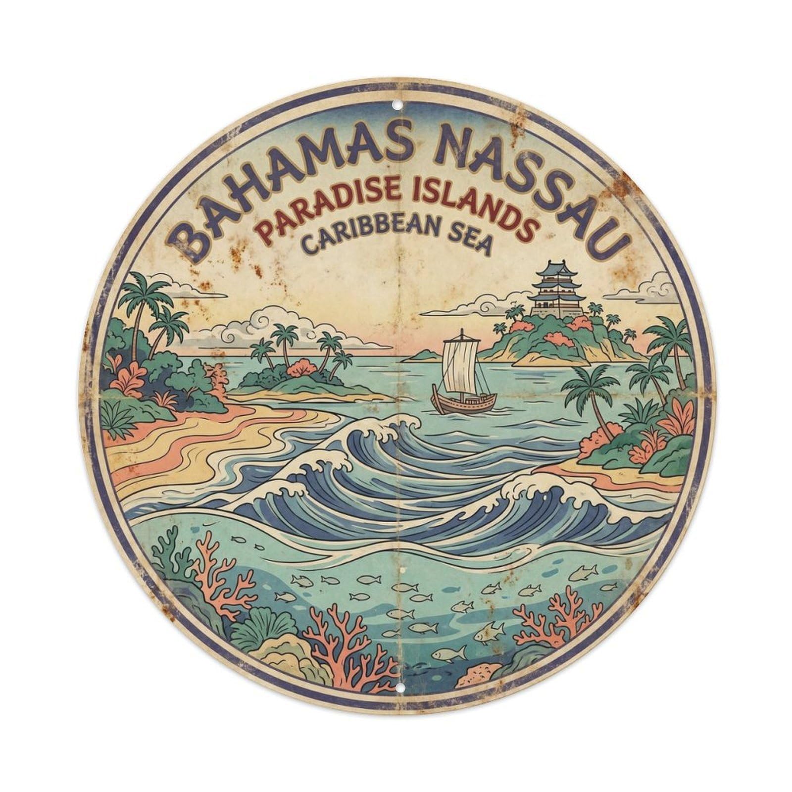 Olyhtr 8X8inch Classic Style Bahamas Nassau Seaside Scenery Ink Illustration Metal Tin Sign