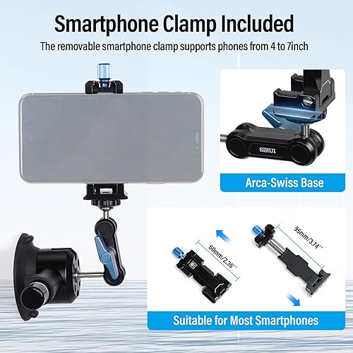 Miniatura 4 de Sirui Soporte de ventosa para cámara y teléfono, bomba de aire con ventosa de vacío con brazo mágico, soporte para teléfono, soporte para parabrisas