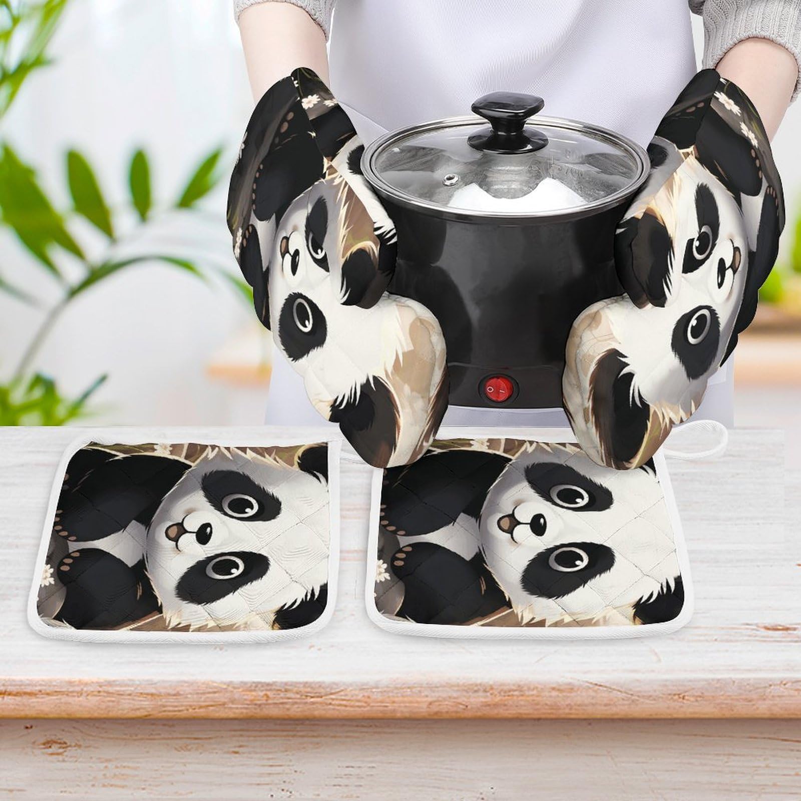 Panda Ofenhandschuh & Topflappen Set – Hitzebeständig Bis 250°C, Polyester/Baumwolle
