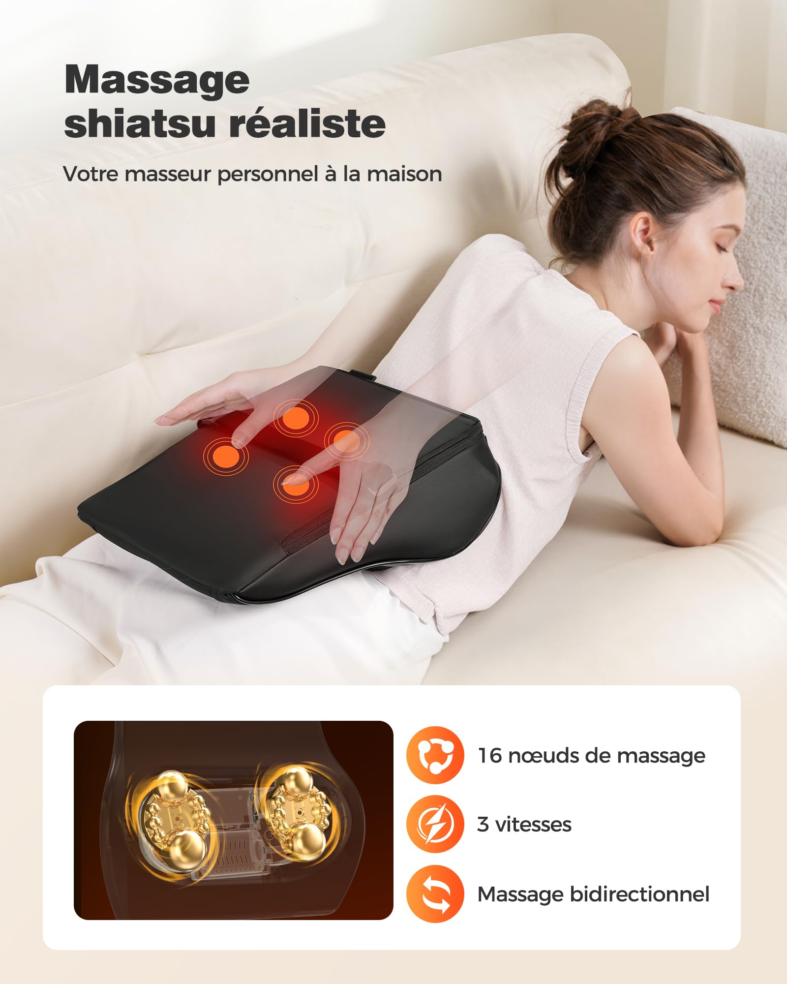 Boriwat Masseur Dos et Cervicales, Massage Shiatsu 16 Nœuds, Chaleur 2 Zones & 2 Niveaux (38‑59°C), Grand Taille 38 cm, Massage Cervicales et Cou, Nuque, Épaules, Lombaires, Jambes, Cadeau Homme Femme
