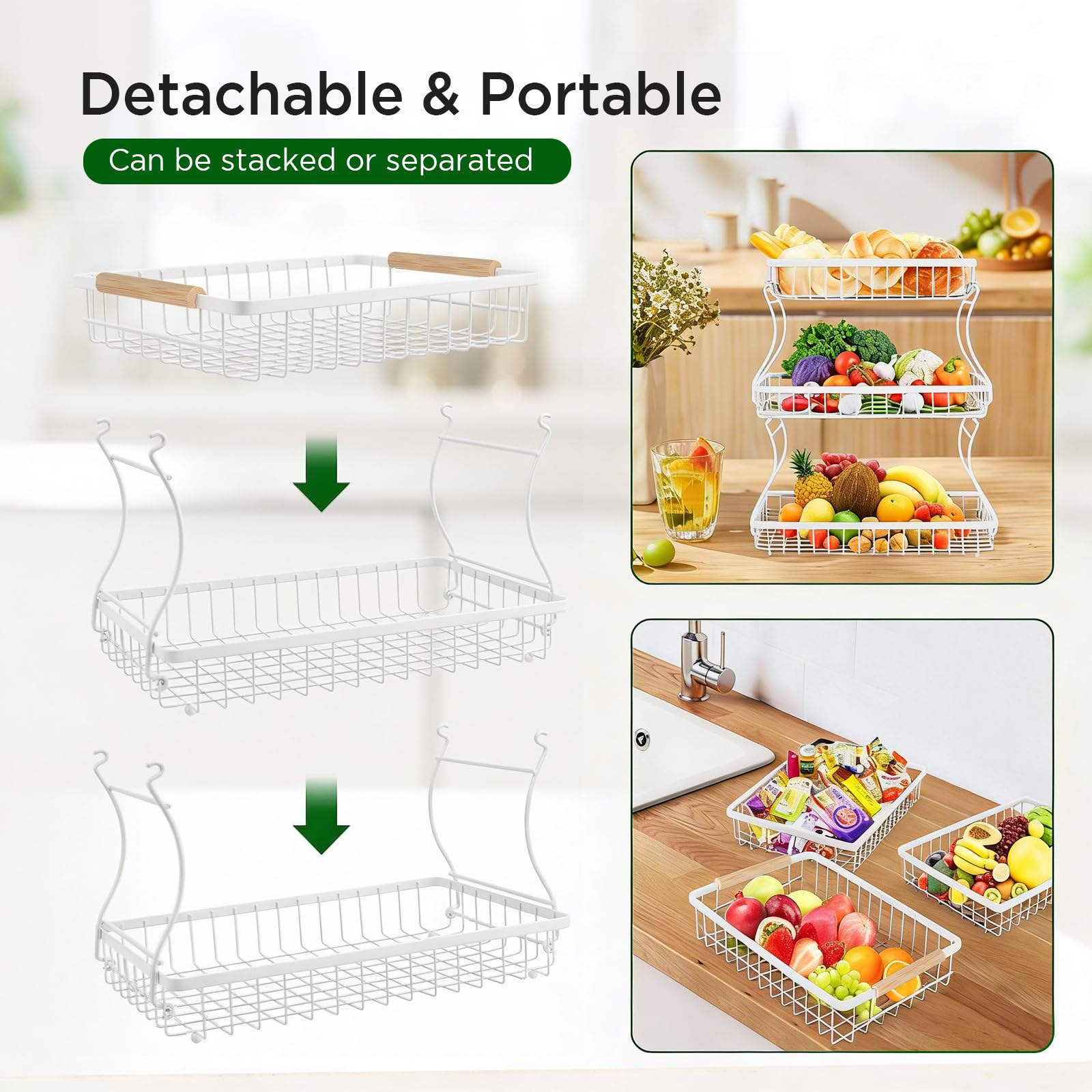 VINATO Portafrutta 3 Ripiani Metallo Fruttiera Moderna Maniglie Legno