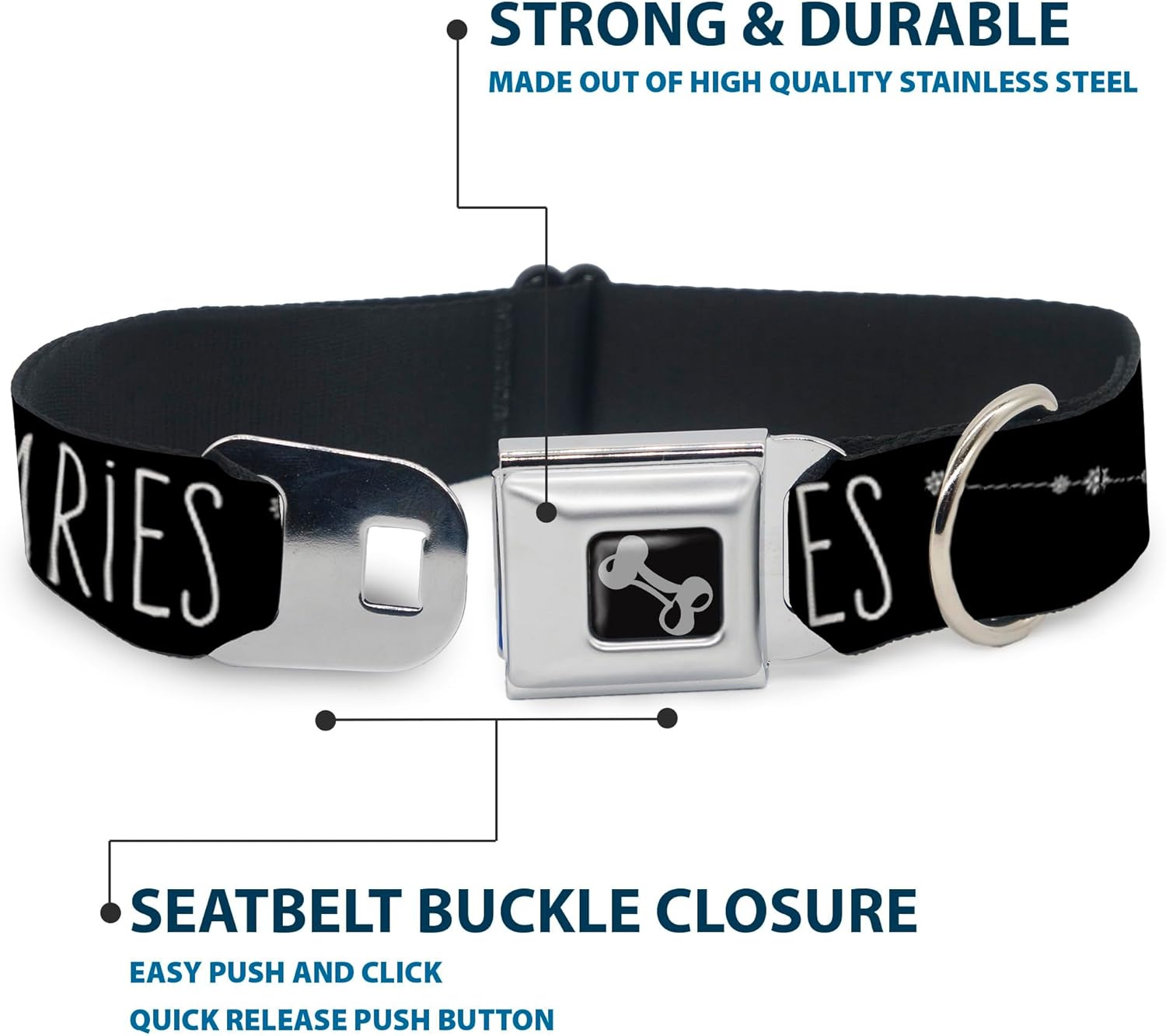 Dog Collar Seatbelt Buckle Zodiac Aries Constellation Black White 11 to 17 Inches 1.0 Inch Wide