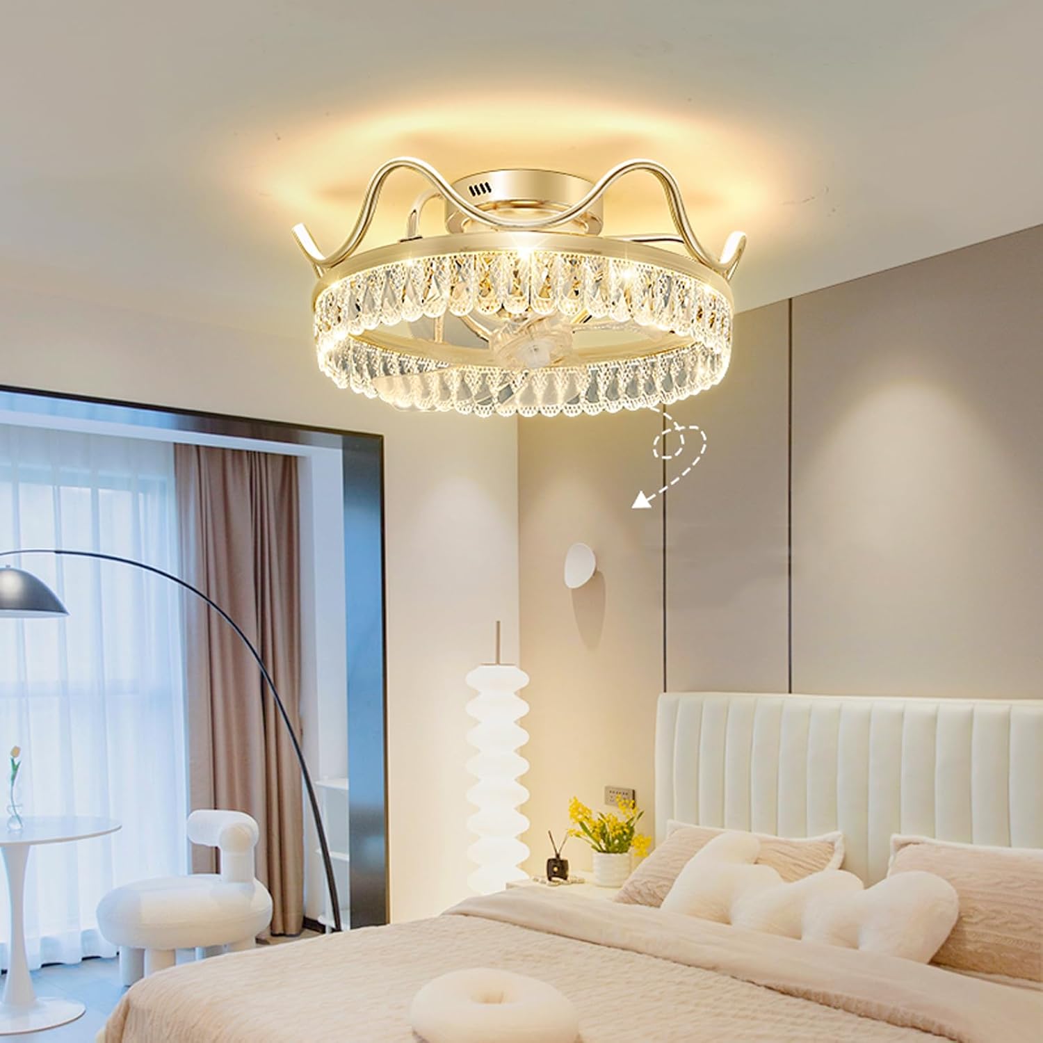 Led 50W Ceiling Fans with Lights for Bedroom,Creatived Crown Crystal Ceiling Shaking Head Fan Light,18.9 inch Ceiling Fan for Dining Room Living Room Kitchen Island