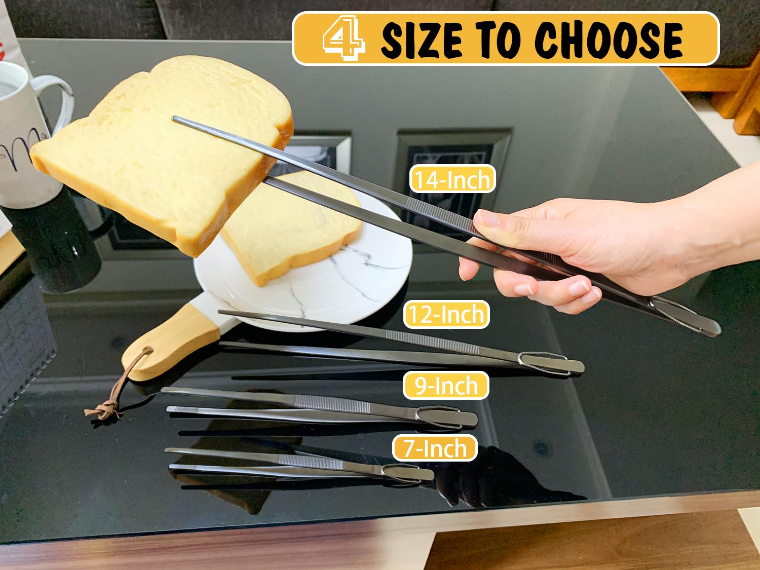 JETKONG Pinzas de cocina extralargas de acero inoxidable resistentes, juego de 3 (9, 12, 14 pulgadas, color negro)