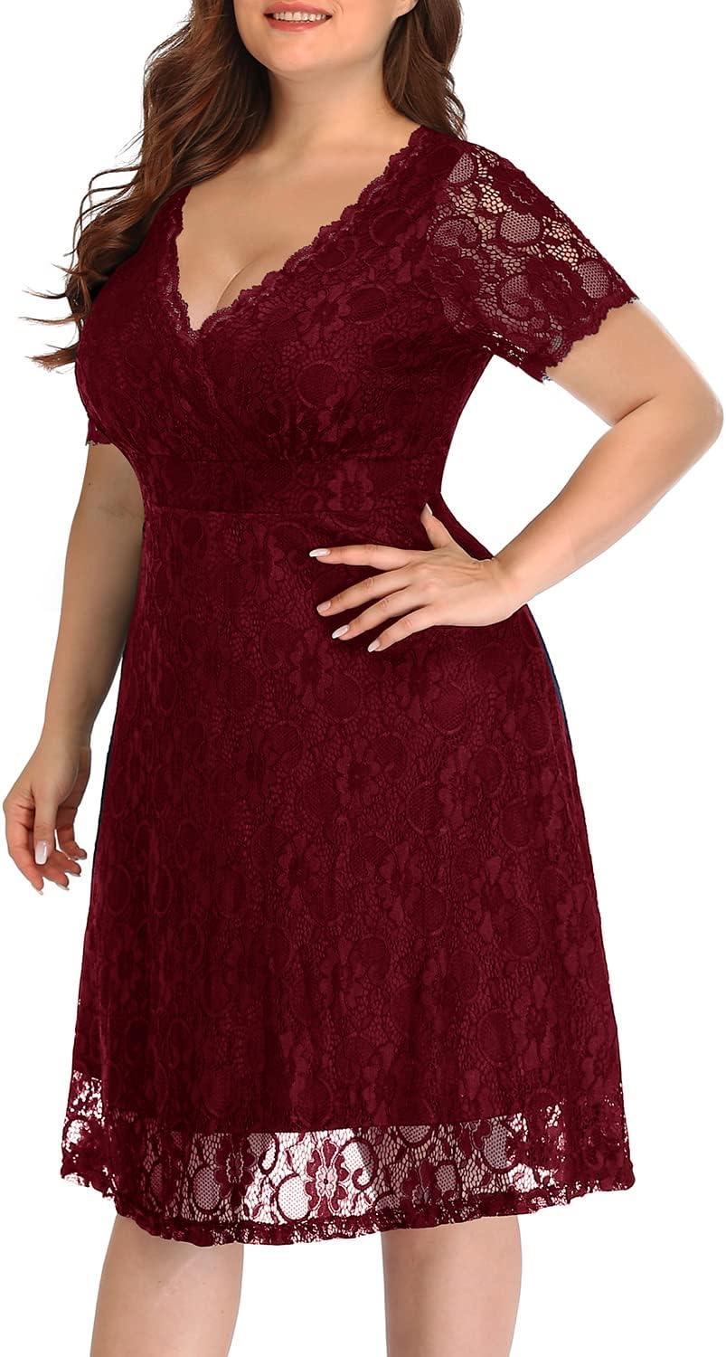 Women's Wedding Guest Plus Size Semi Formal Cocktail Lace Wrap V Neck Short Sleeve Knee Length Dress - Image 4