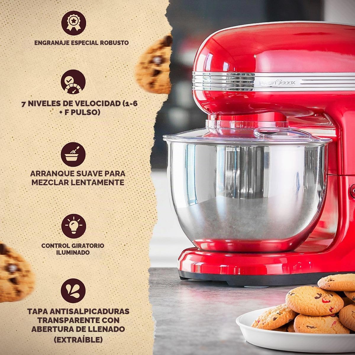ProfiCook® Robot de cocina para hornear, amasadora de 5 L con potente motor de 1200 W, máquina de masa, incluye gancho y batidor, máquina de amasar retro, protección contra salpicaduras con apertura