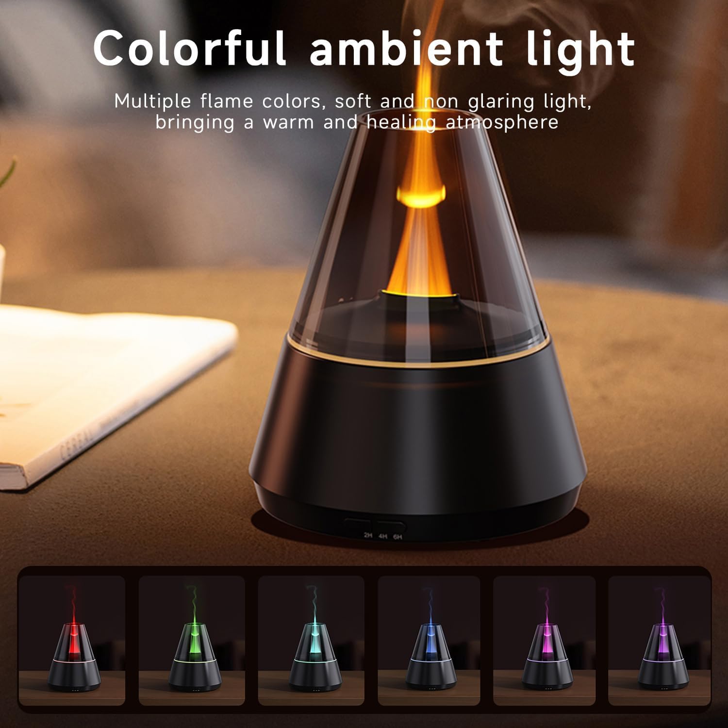 QUMOX Diffuseur d'arômes A9 Flame 150 ml – Humidificateur d'huiles essentielles avec simulation de flamme et lumière ambiante changeante de couleur, minuterie 2 h/4 h/6 h, arrêt automatique, brume fra