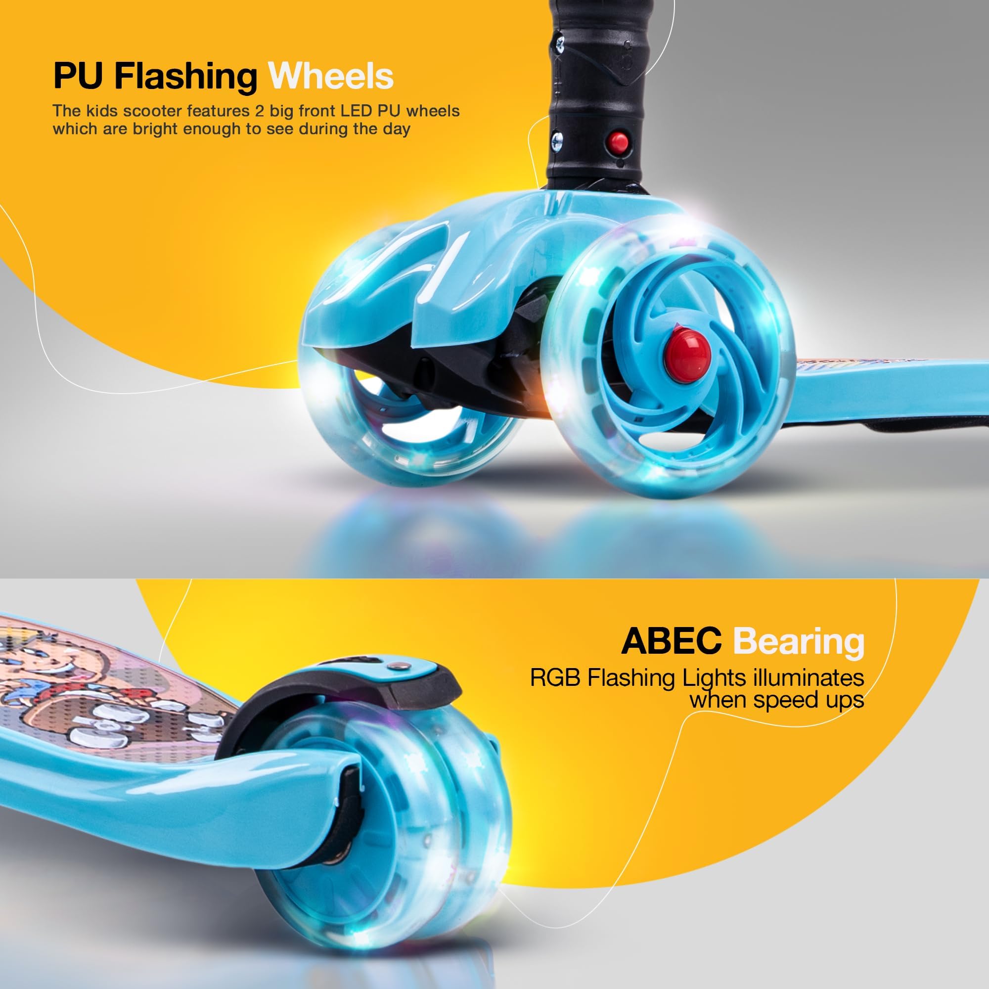 Baybee Flash Kick Scooter for Kids | Smart Foldable 3 Wheel Kids Scooter with 4 Height Adjustable, LED PU Wheels & Brake | Skating Scooters Upto 75 Kg Capacity | Skate Scooters for Kid (Light Blue) 2